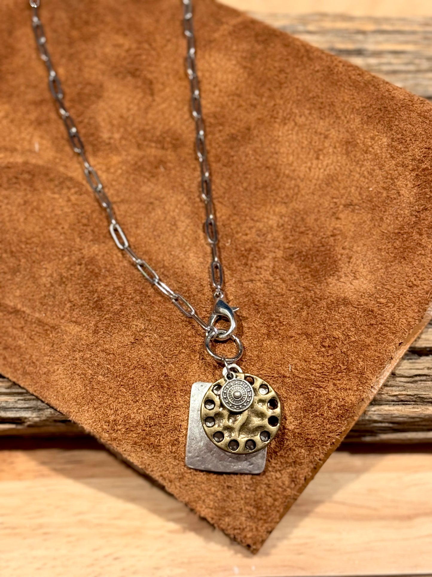 Square and round Pendants Paperclip Necklace