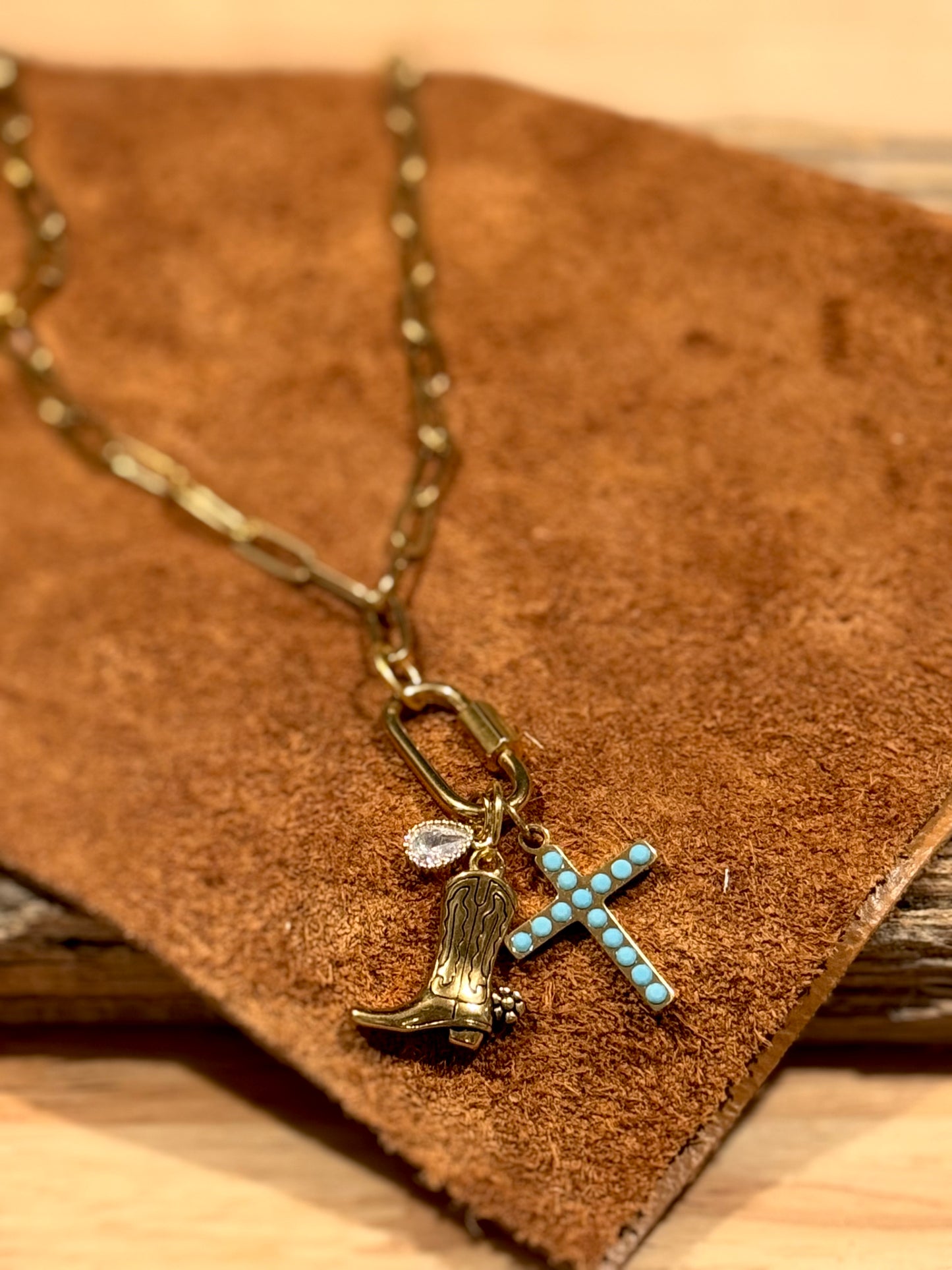 Gold Western Turquoise Cross Charm Necklace