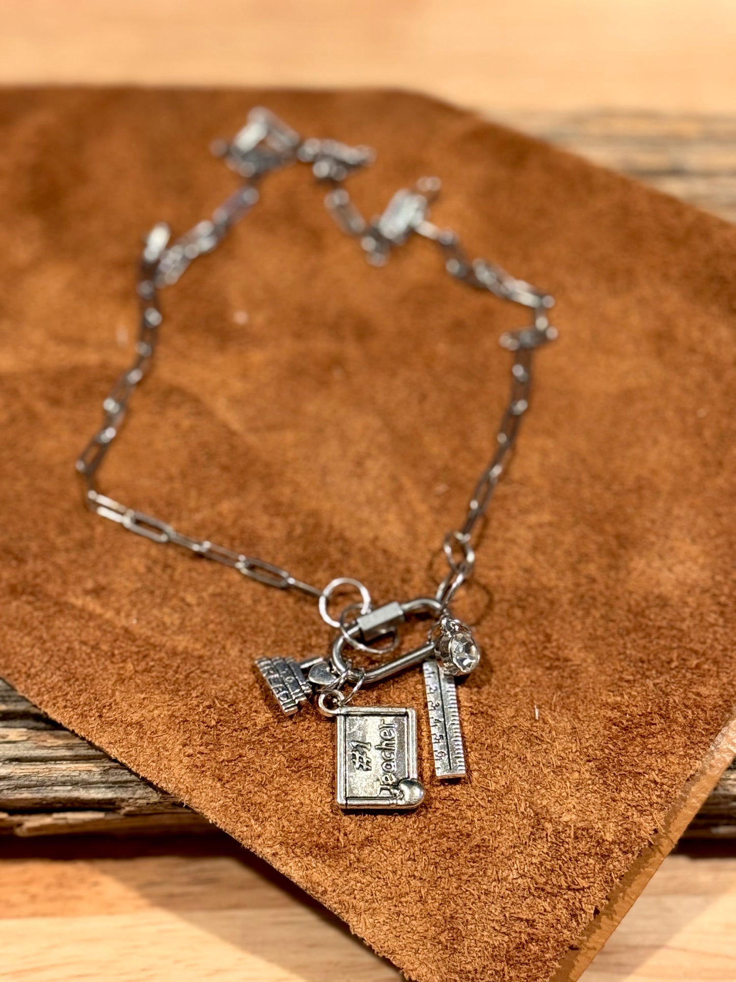 Teacher Charm (w/clear crystal) Paperclip Necklace