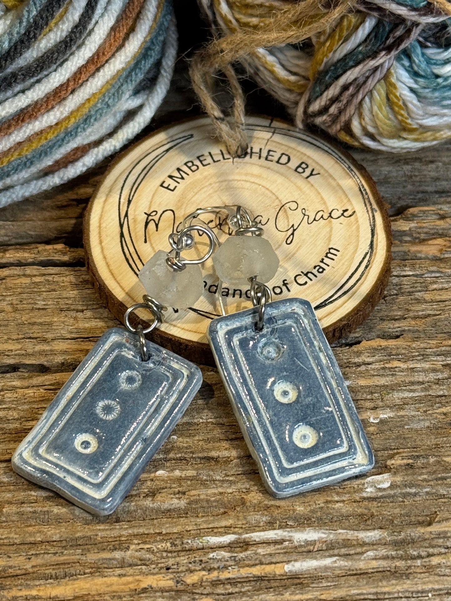 Blue whitewash rectangle Clay Earrings