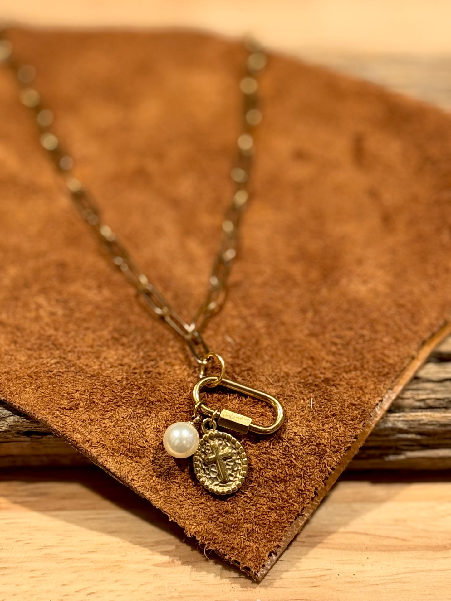 Gold Cross Charm Necklace with Pearl Charm