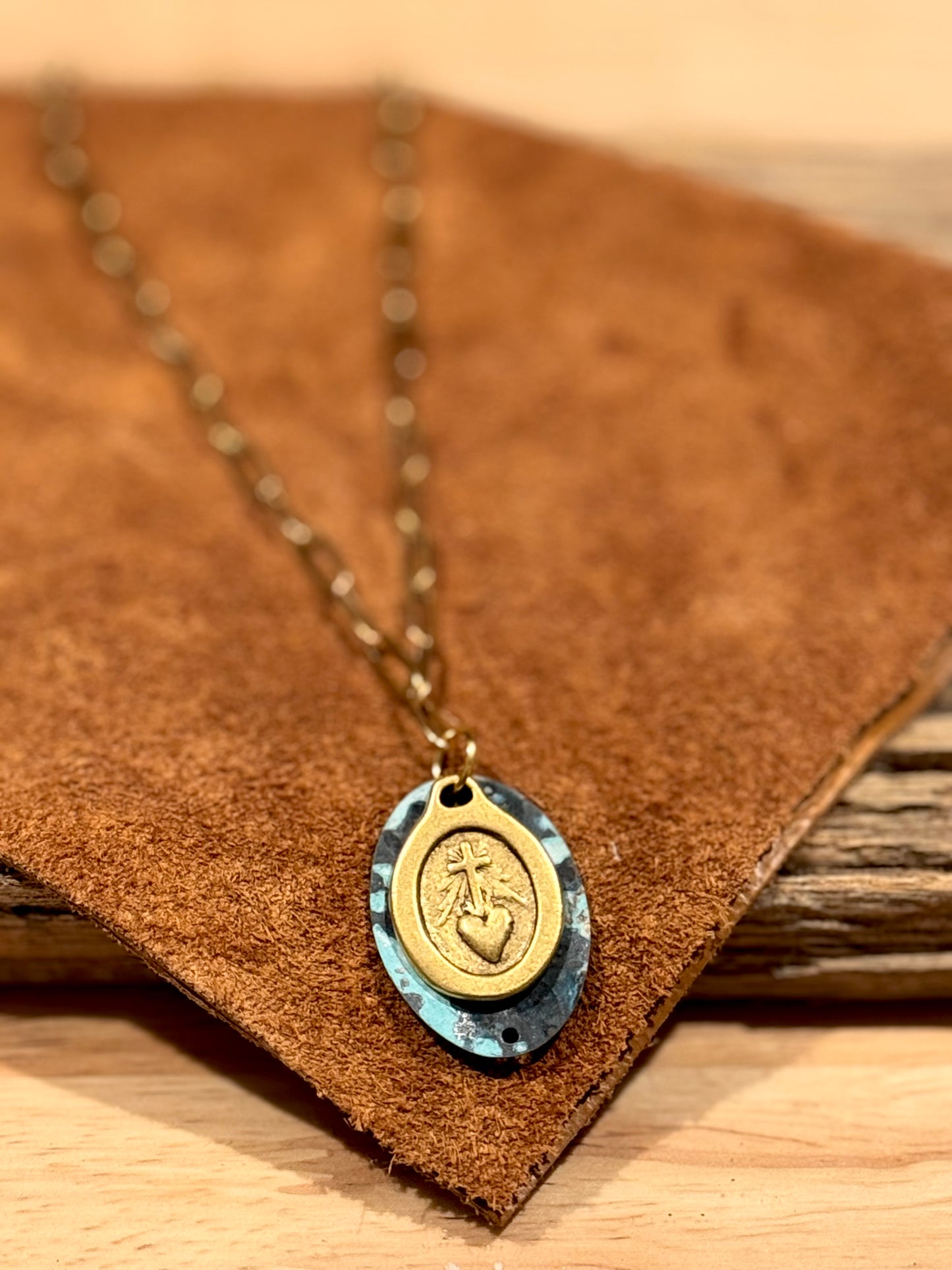 Gold Cross/Heart Charm Necklace w/Patina