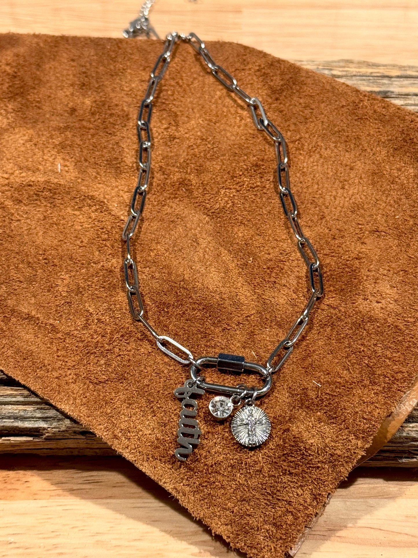 Silver Paperclip Faith Charm Necklace