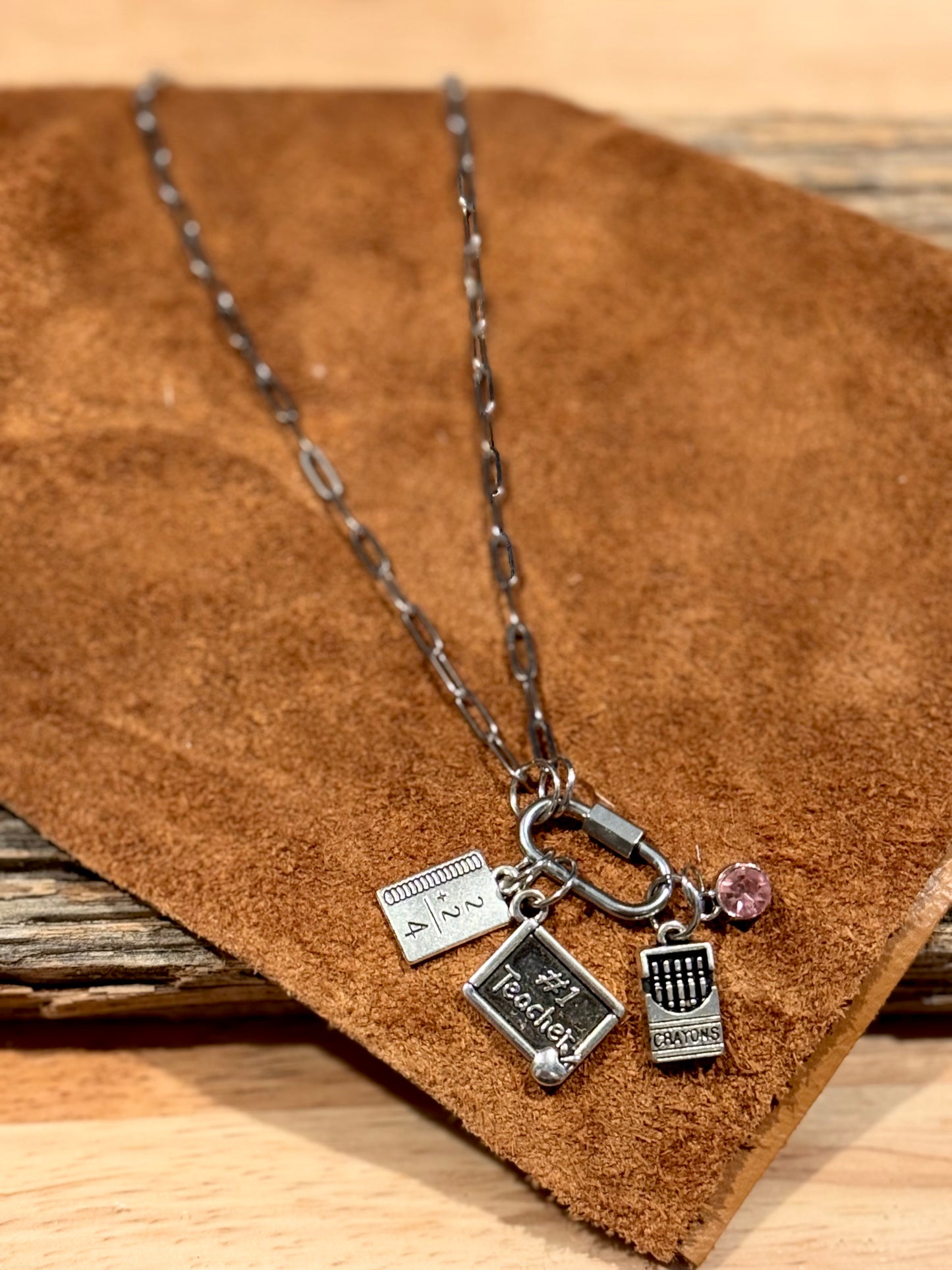 Teacher Charm (Pink crystal) Paperclip Necklace