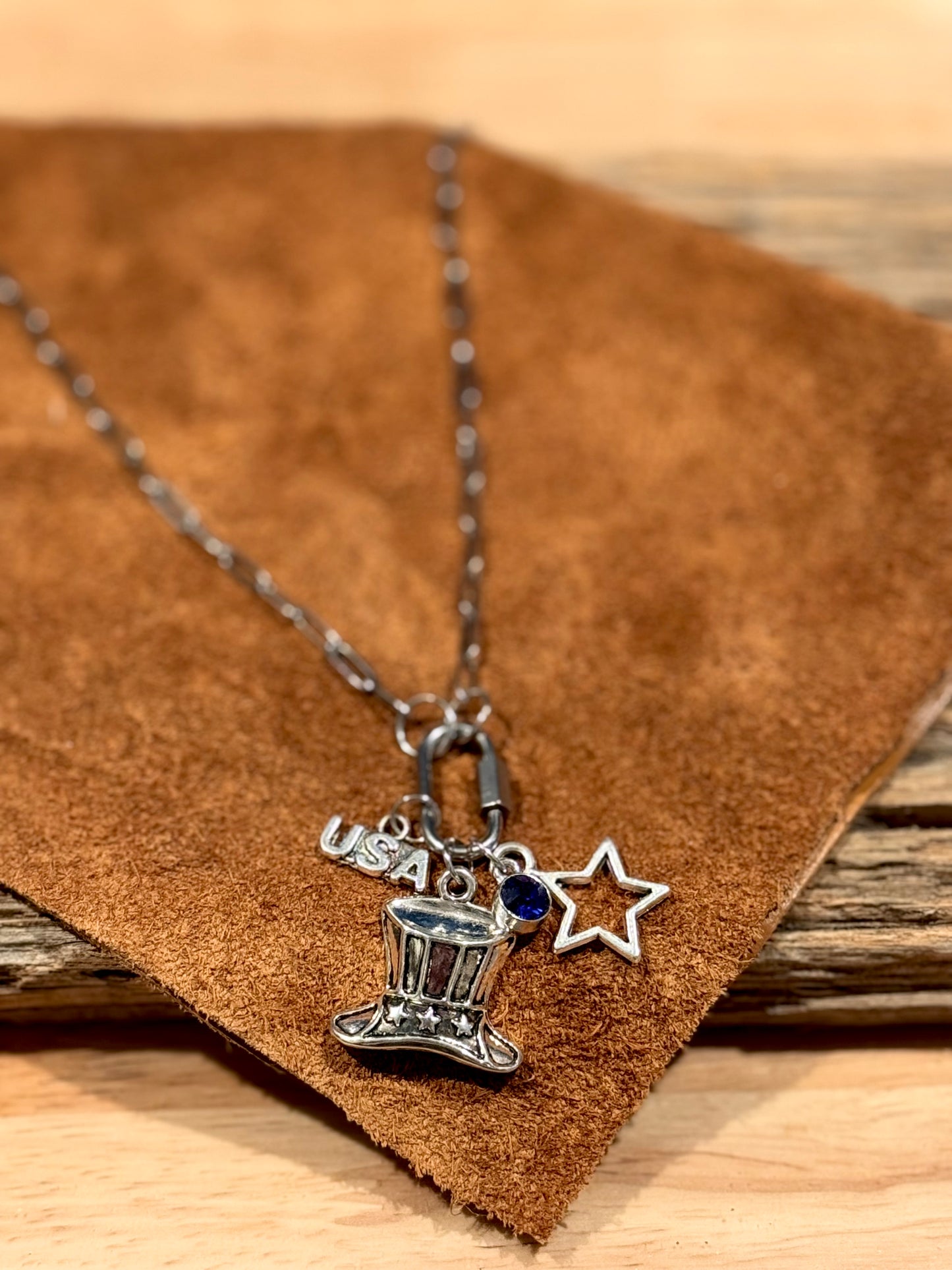 Silver Patriotic Paperclip Necklace (Blue Charm)