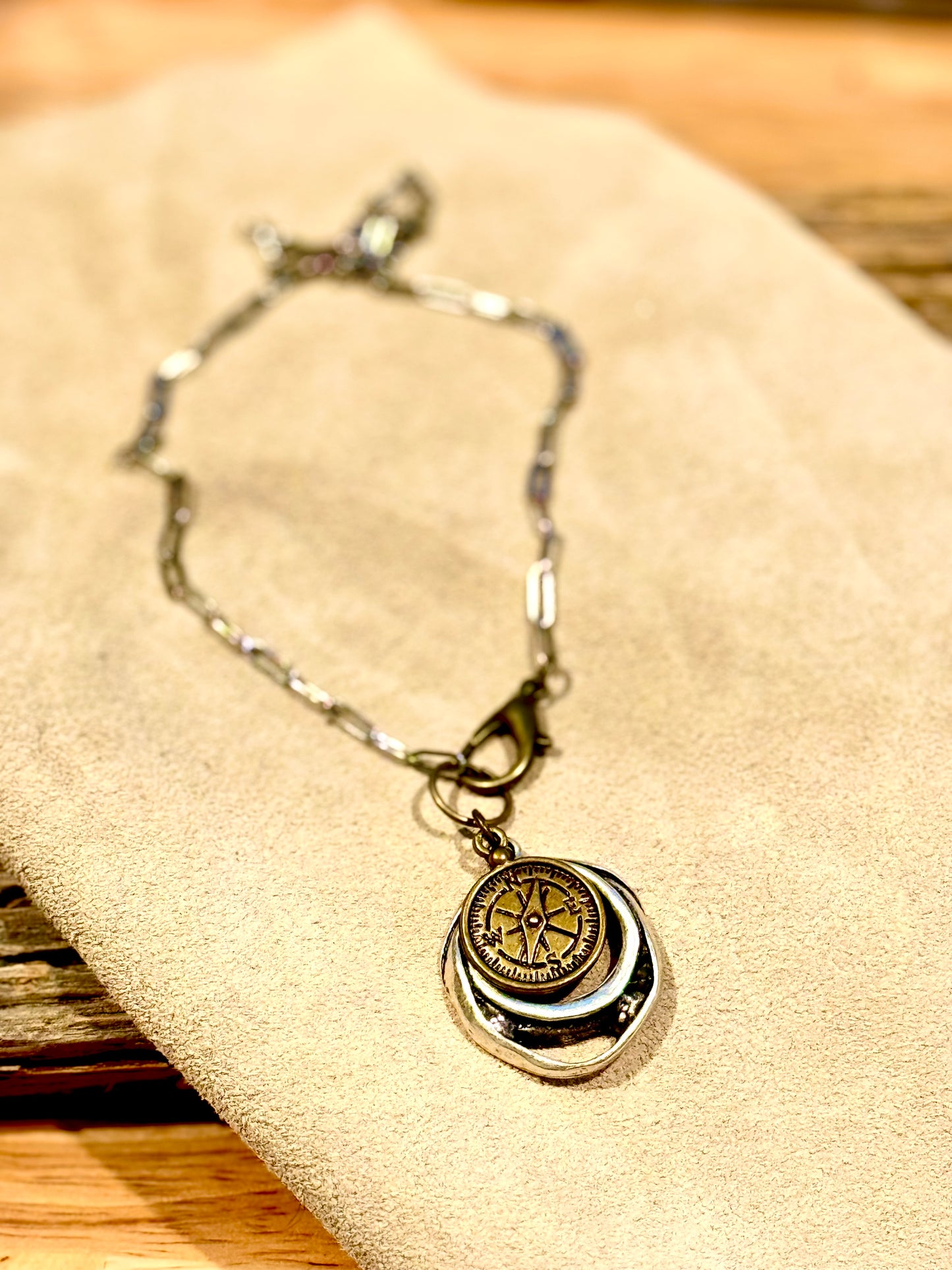 Bronze Compass and Silver pendant Paperclip Necklace