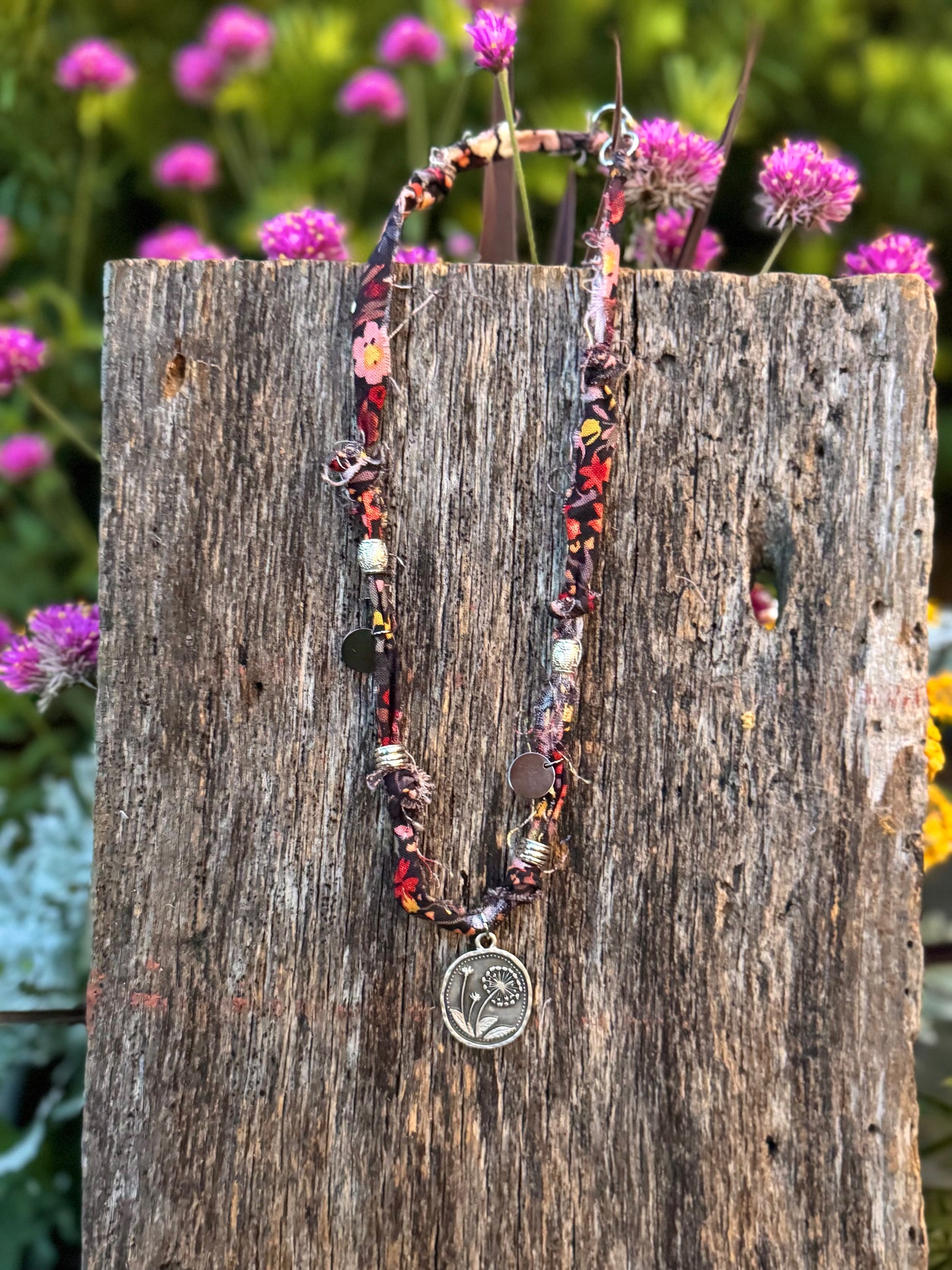 Fabric Silver Wildflower Pendant Necklace