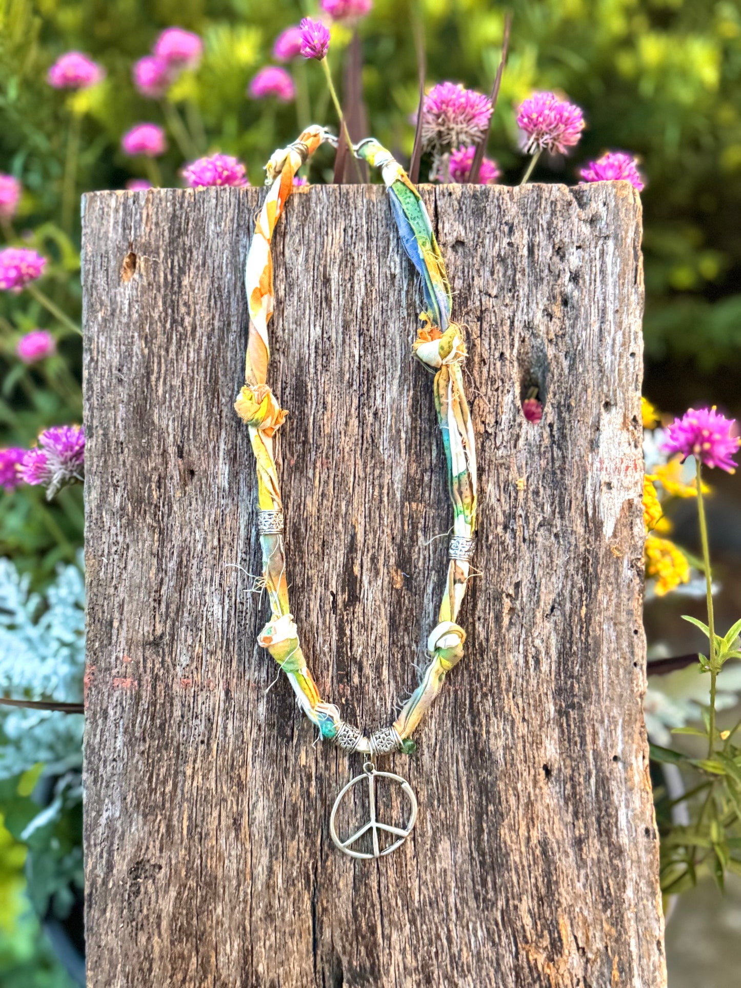 Fabric  Silver Peace Sign Pendant Necklace
