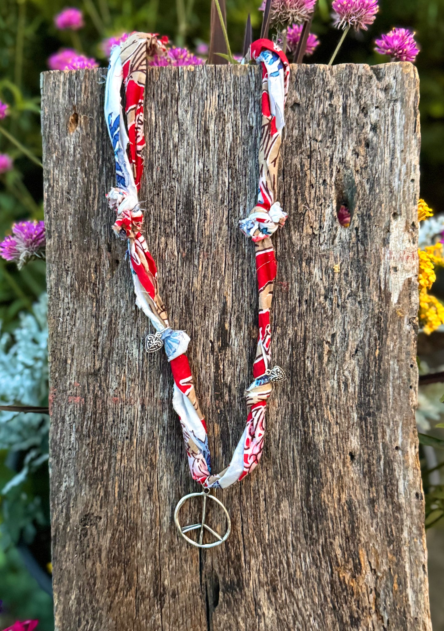 Fabric  Silver Peace Sign Pendant Necklace (Patriotic)