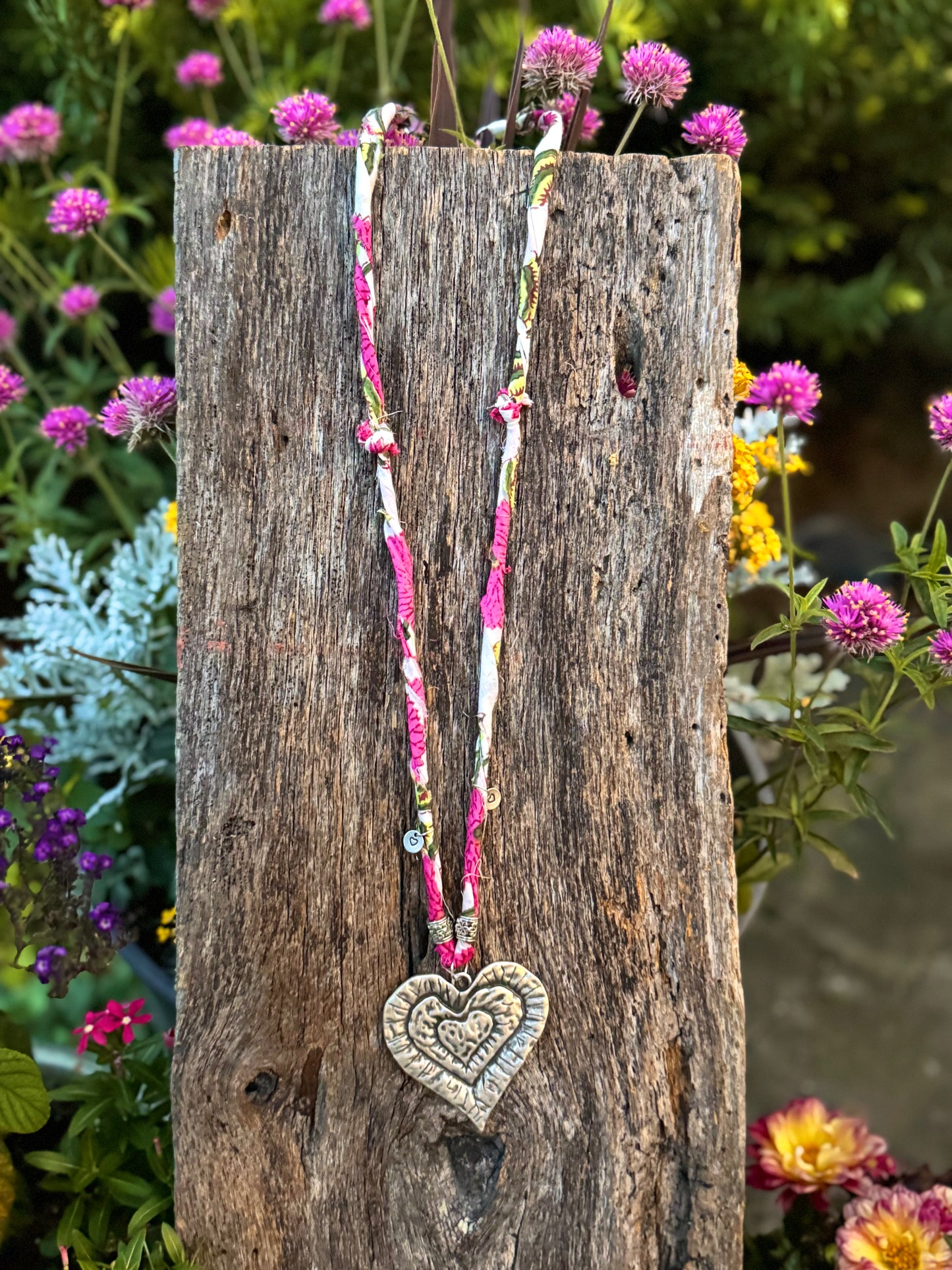 Fabric Large Hammered Silver Heart Pendant Necklace