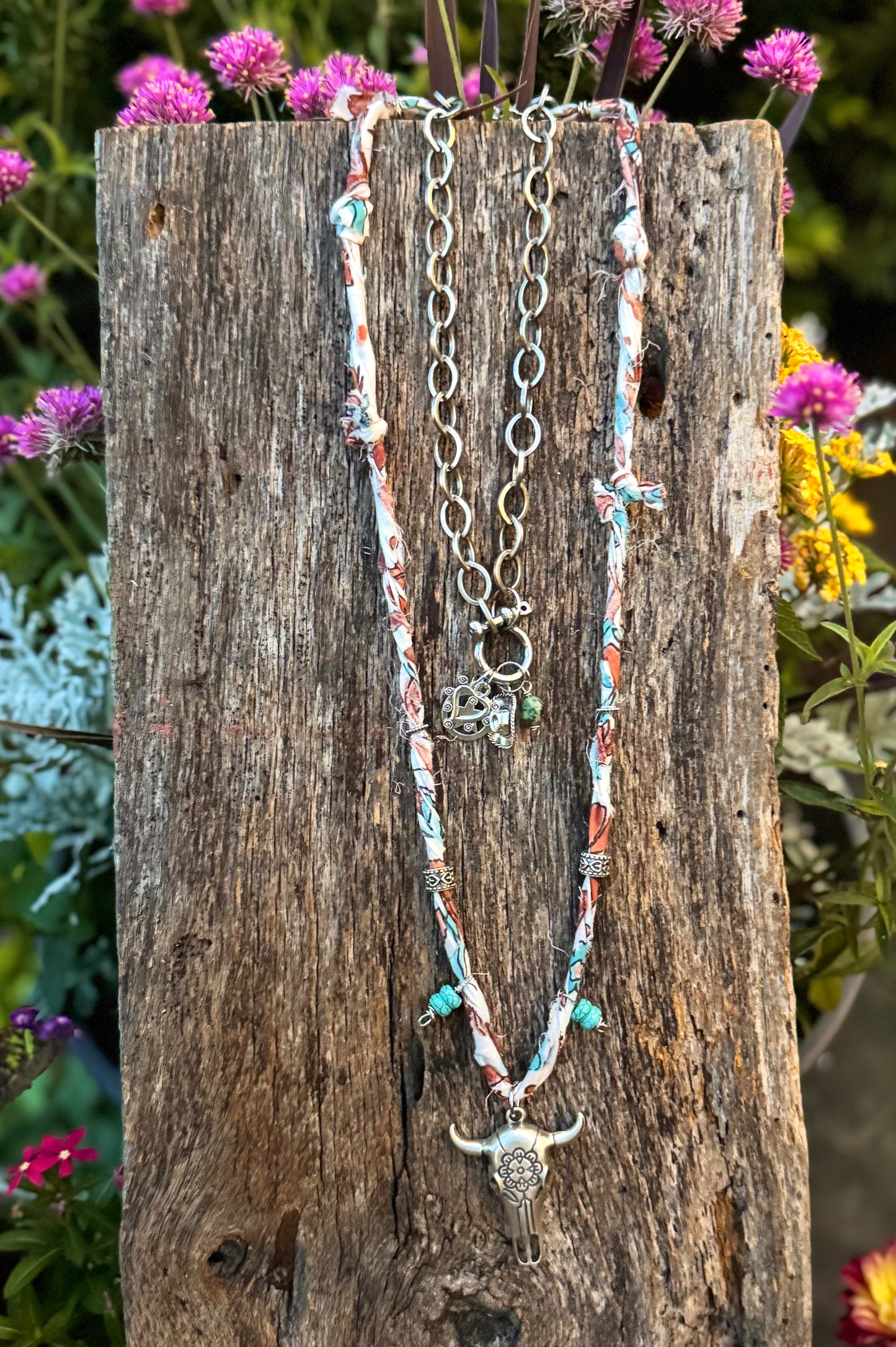 Fabric Large Silver Cow Skull Pendant Necklace