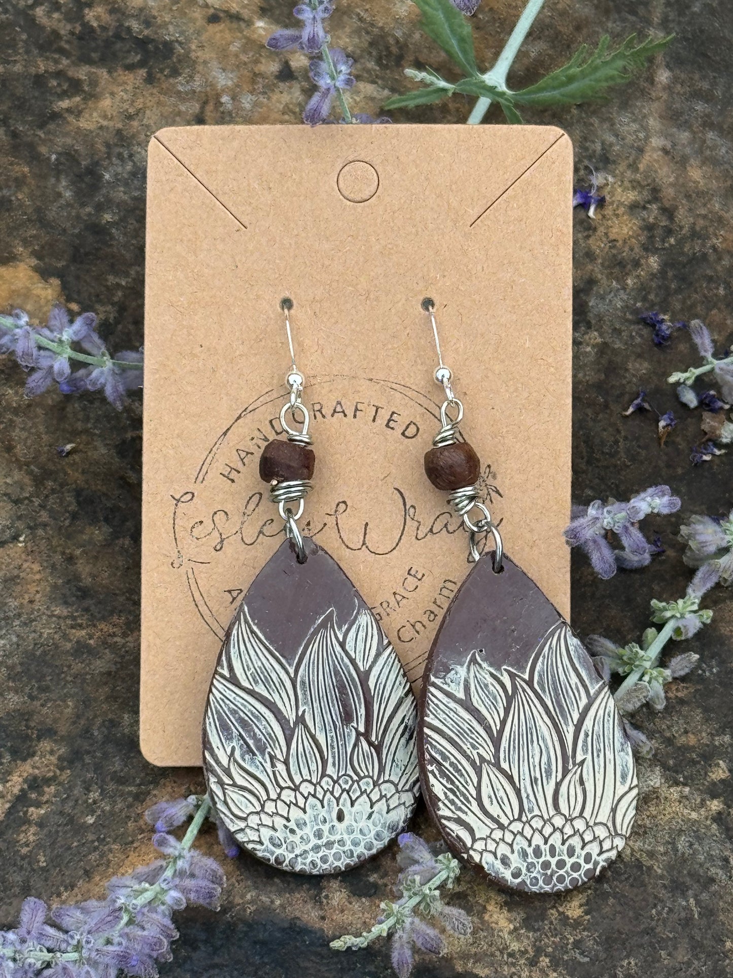 Brown teardrop Clay Earrings with sunflower details