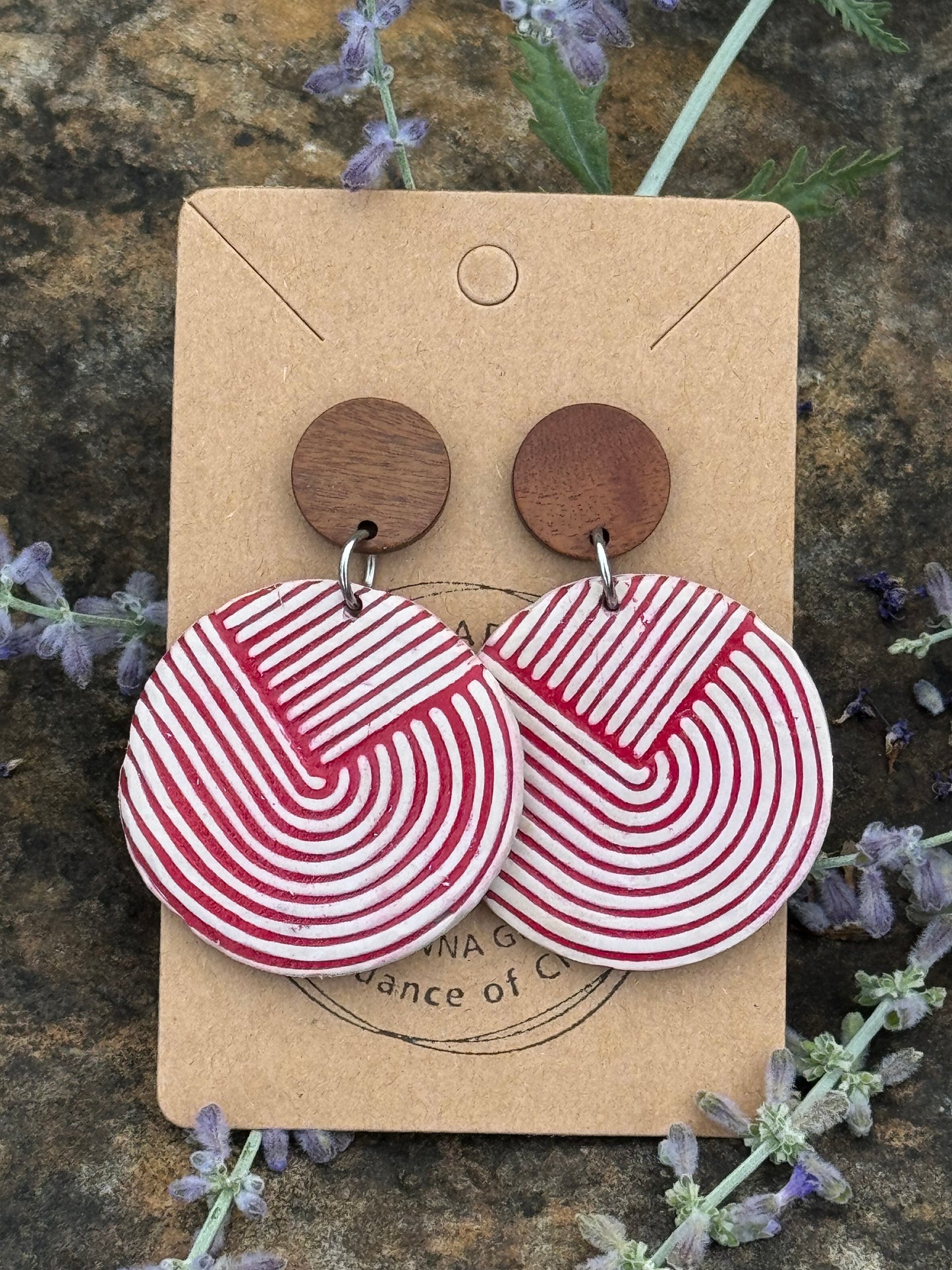 Red & white geometrical round Clay Earrings
