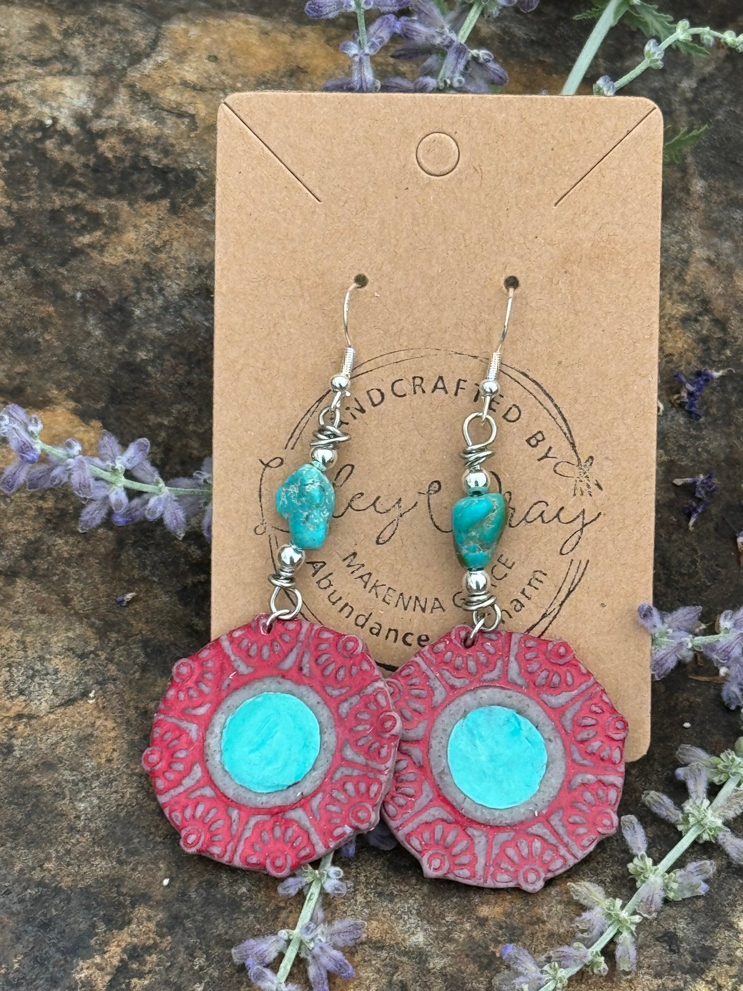 Teal and Red Clay Earrings with natural Turquoise stone
