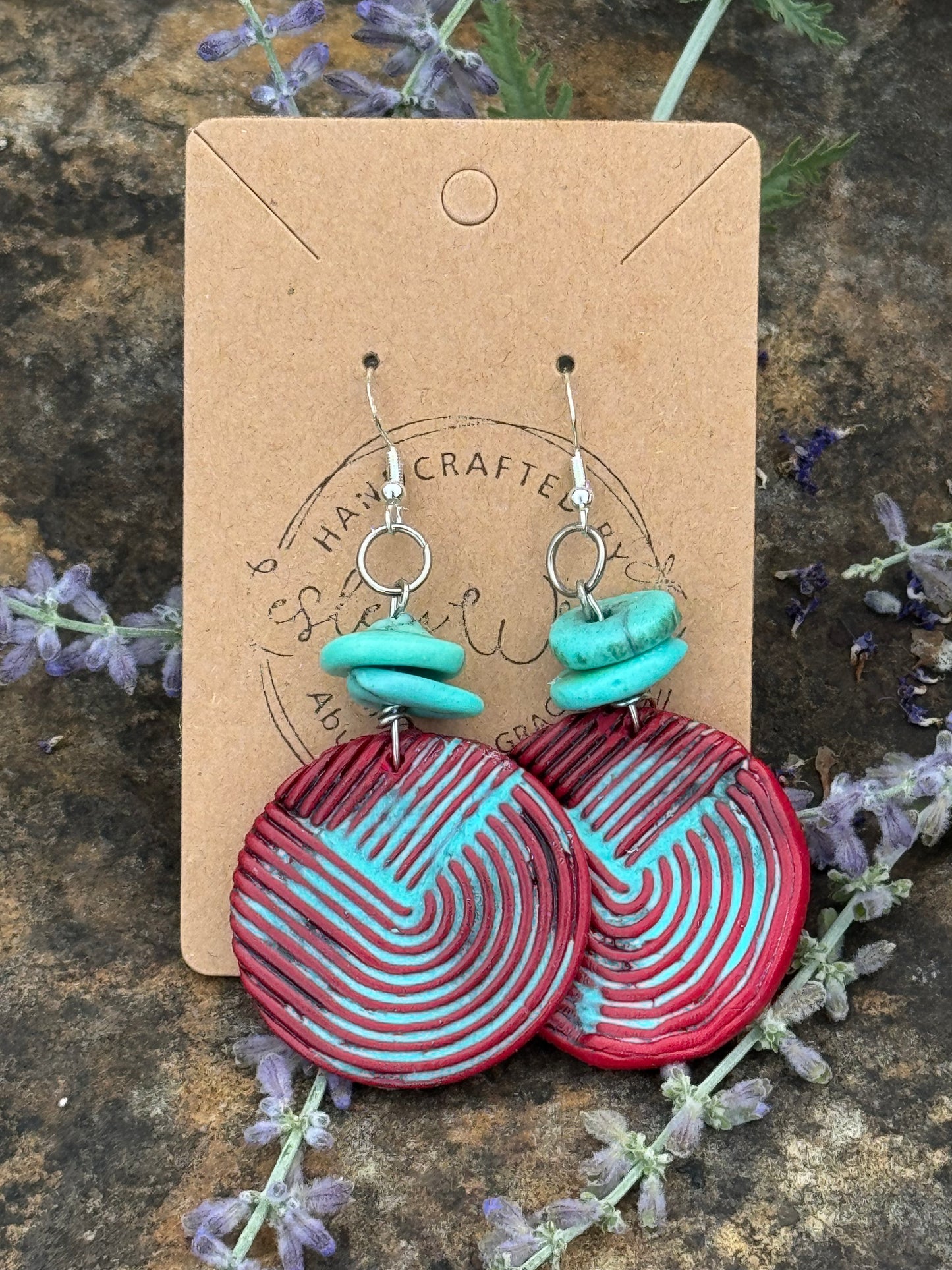 Teal and Red Round geometrical Clay Earrings with natural Turquoise