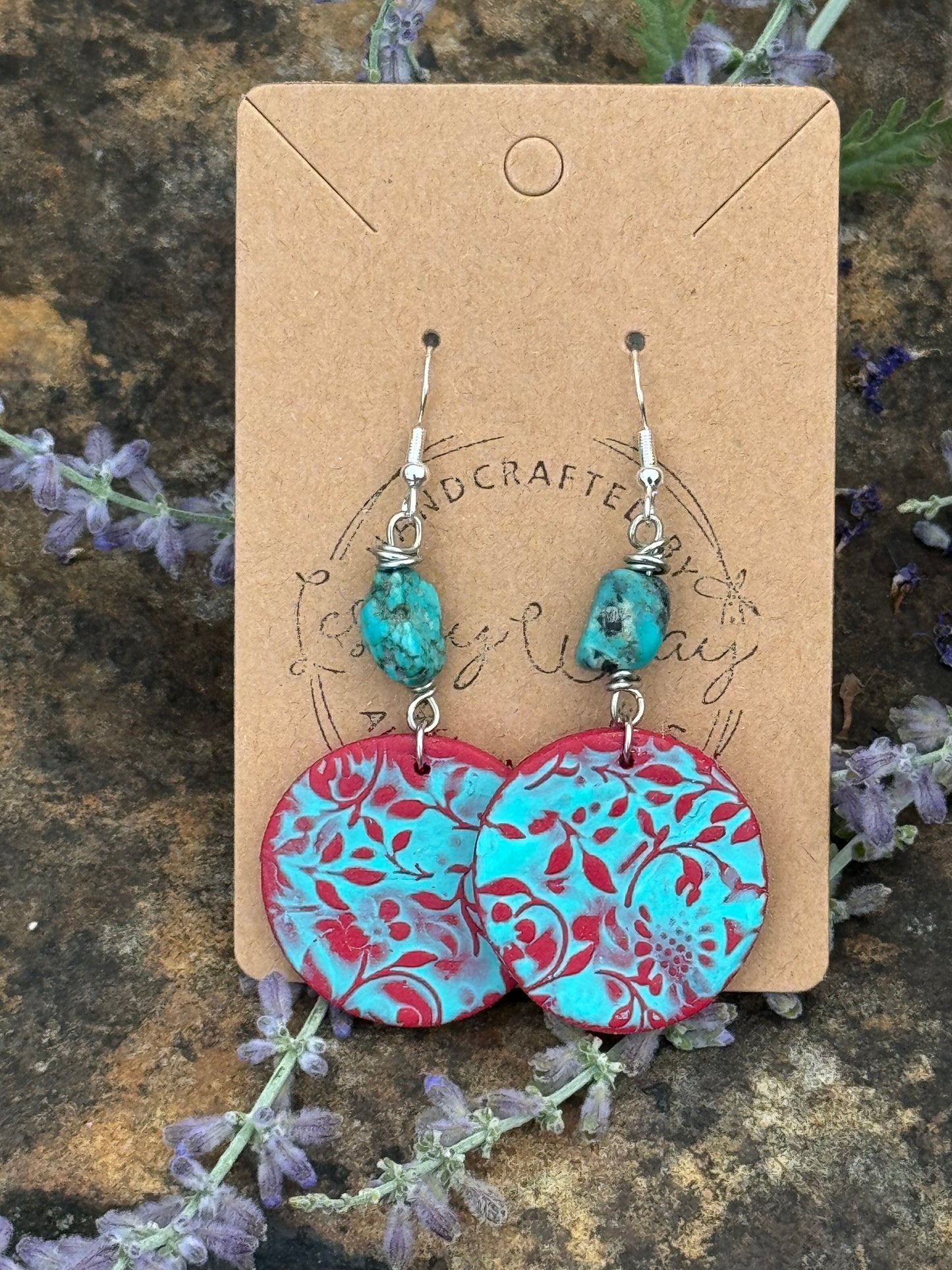 Teal and Red Round floral Clay Earrings with natural Turquoise