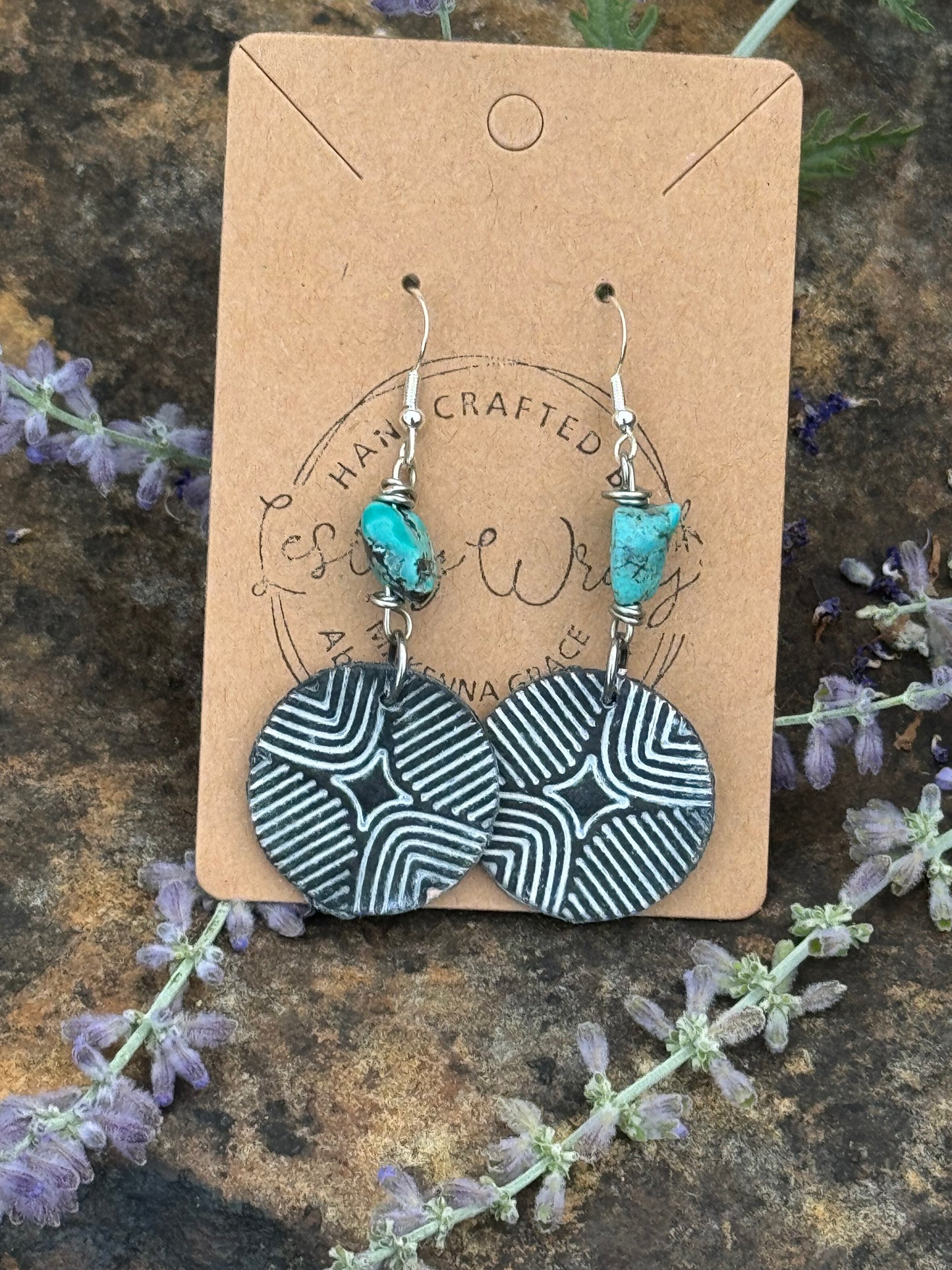Black & White Geometrical Clay Earrings with natural Turquoise