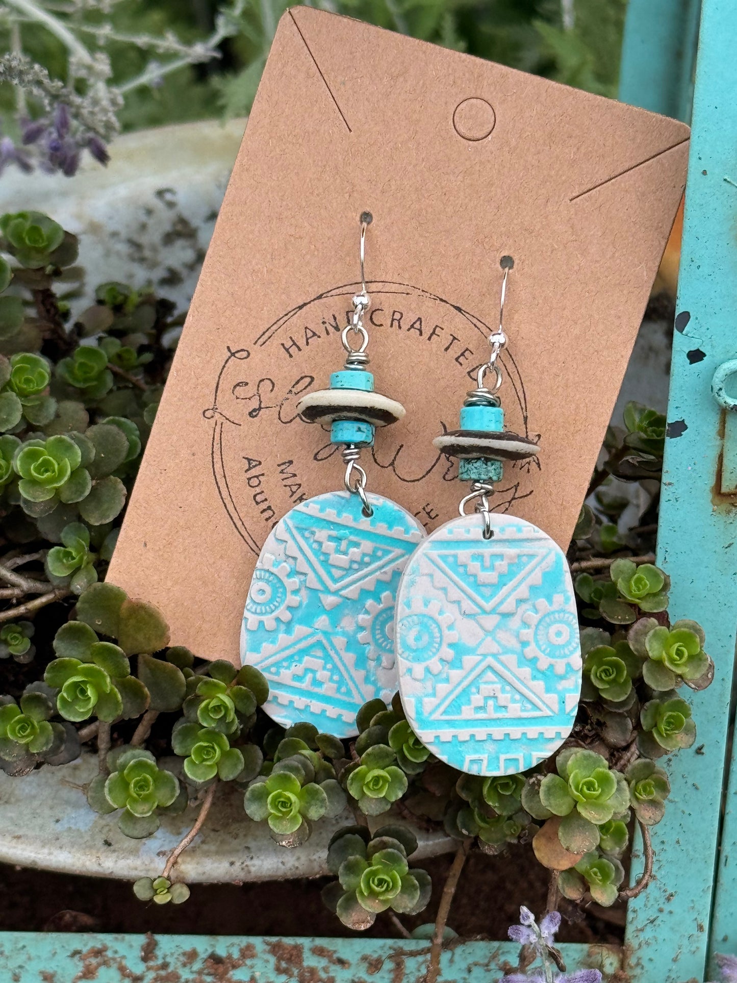 Turquoise &  White Southwestern Clay Earrings with natural Turquoise