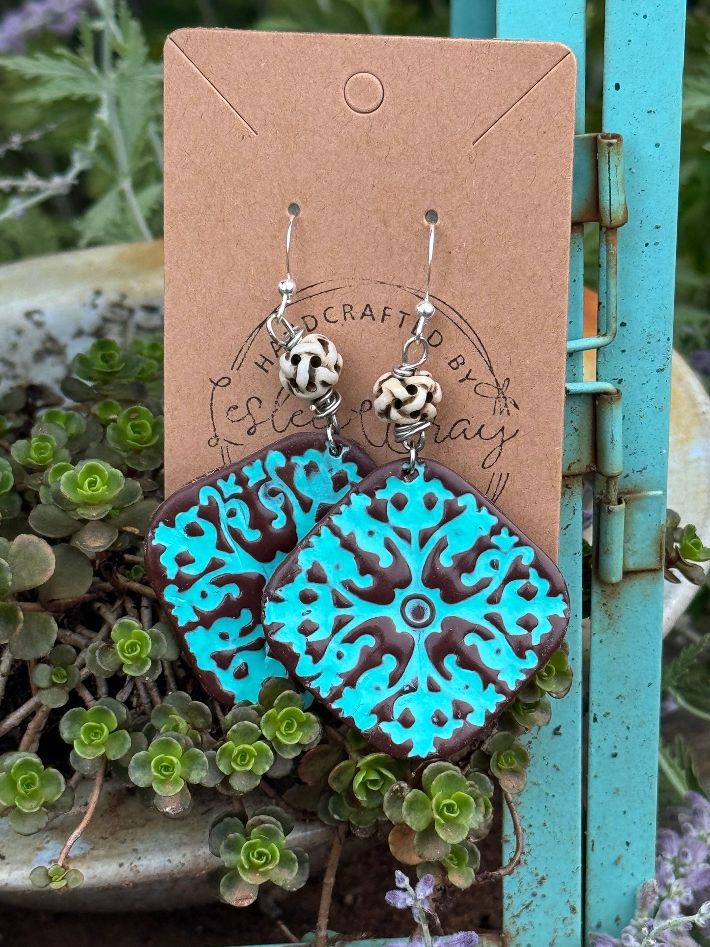 Turquoise &  Brown Tile Clay Earrings