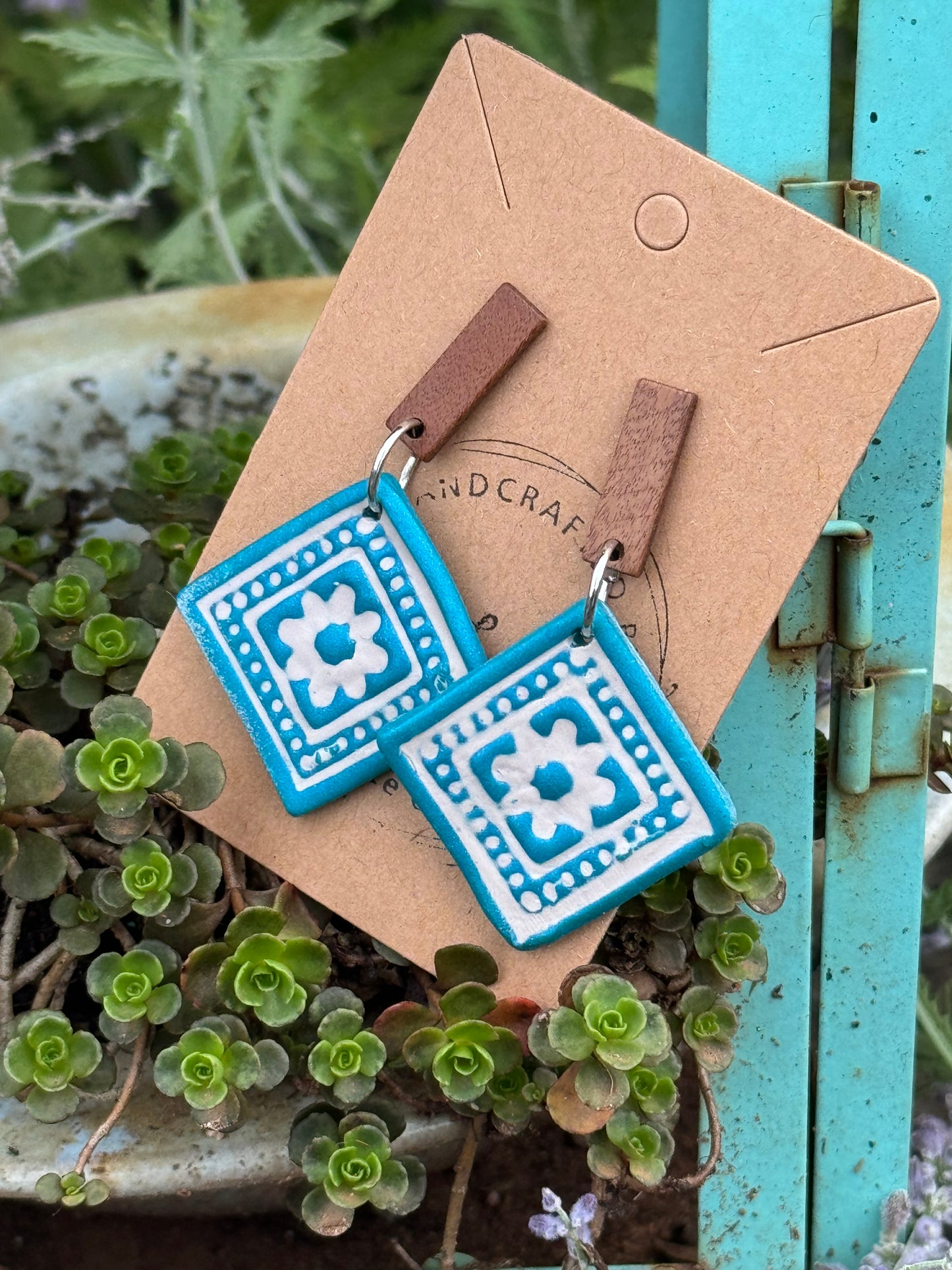 Turquoise &  White Tile Clay Earrings