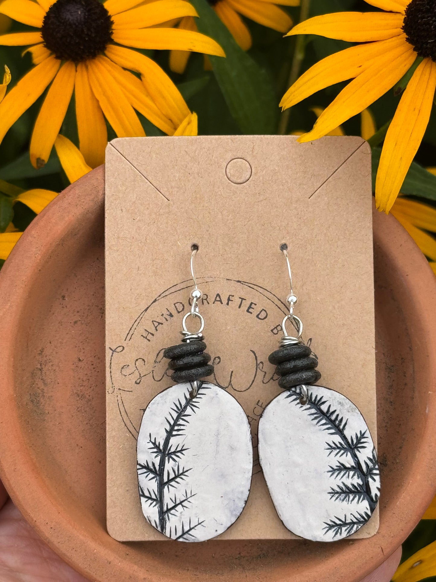 Black & White Clay Earrings with floral