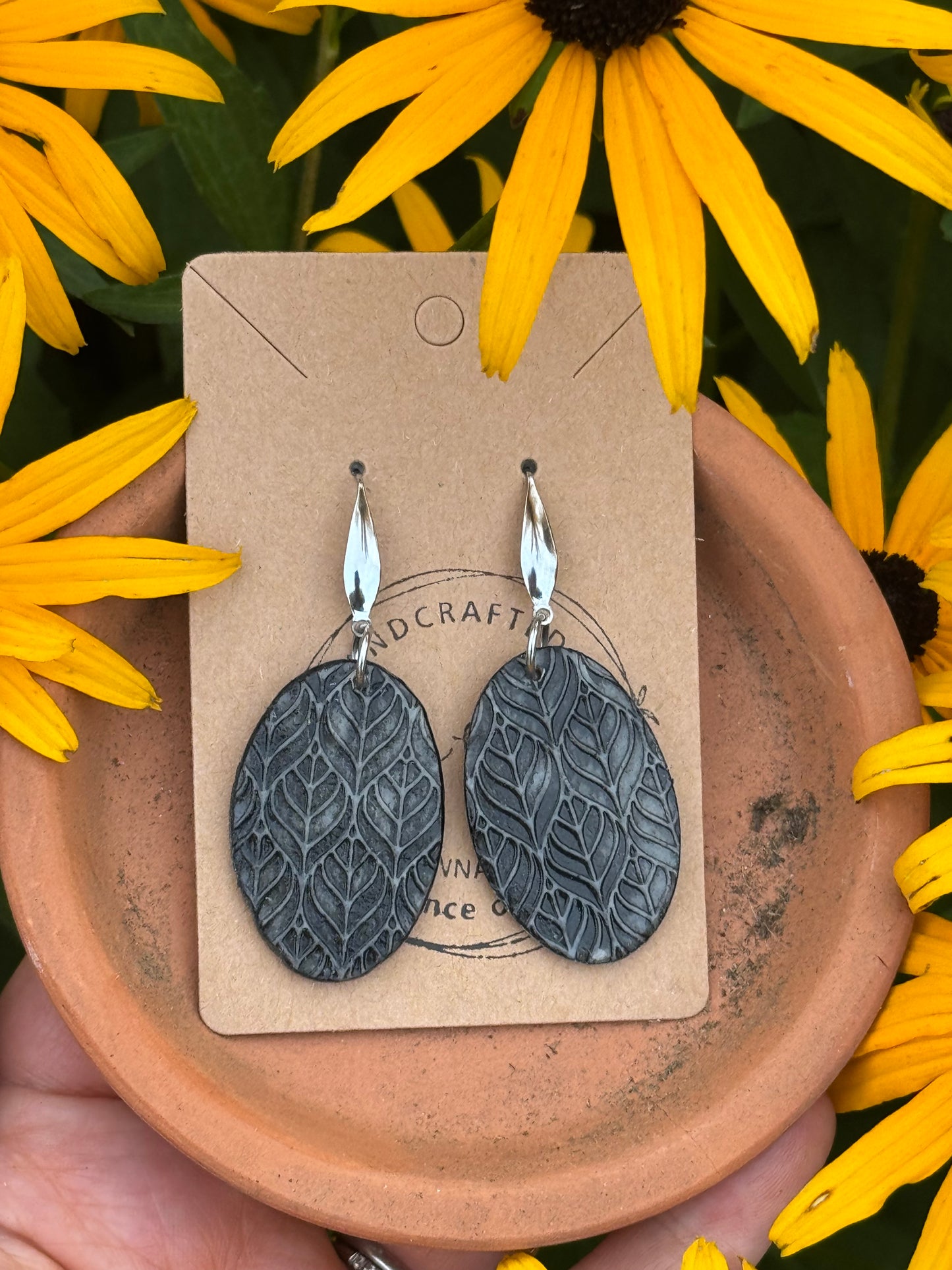 Black & gray Oval Clay Earrings embossed