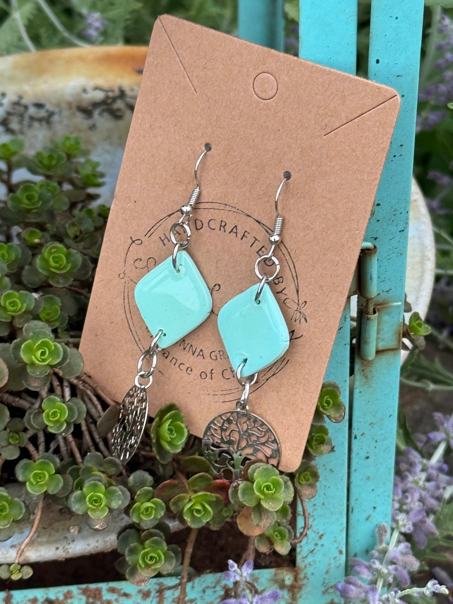 Turquoise Clay and Silver Charm Earrings