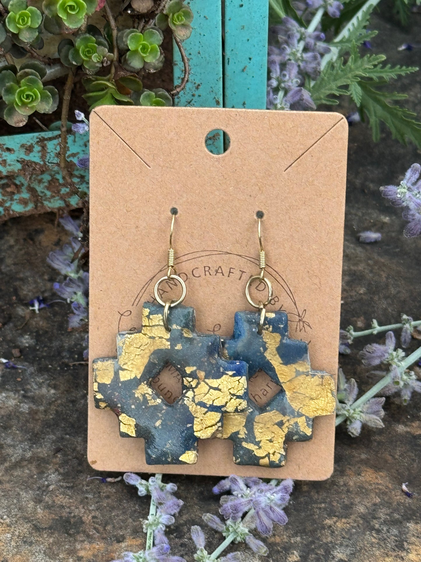 Blue with Gold leaf Clay Earrings