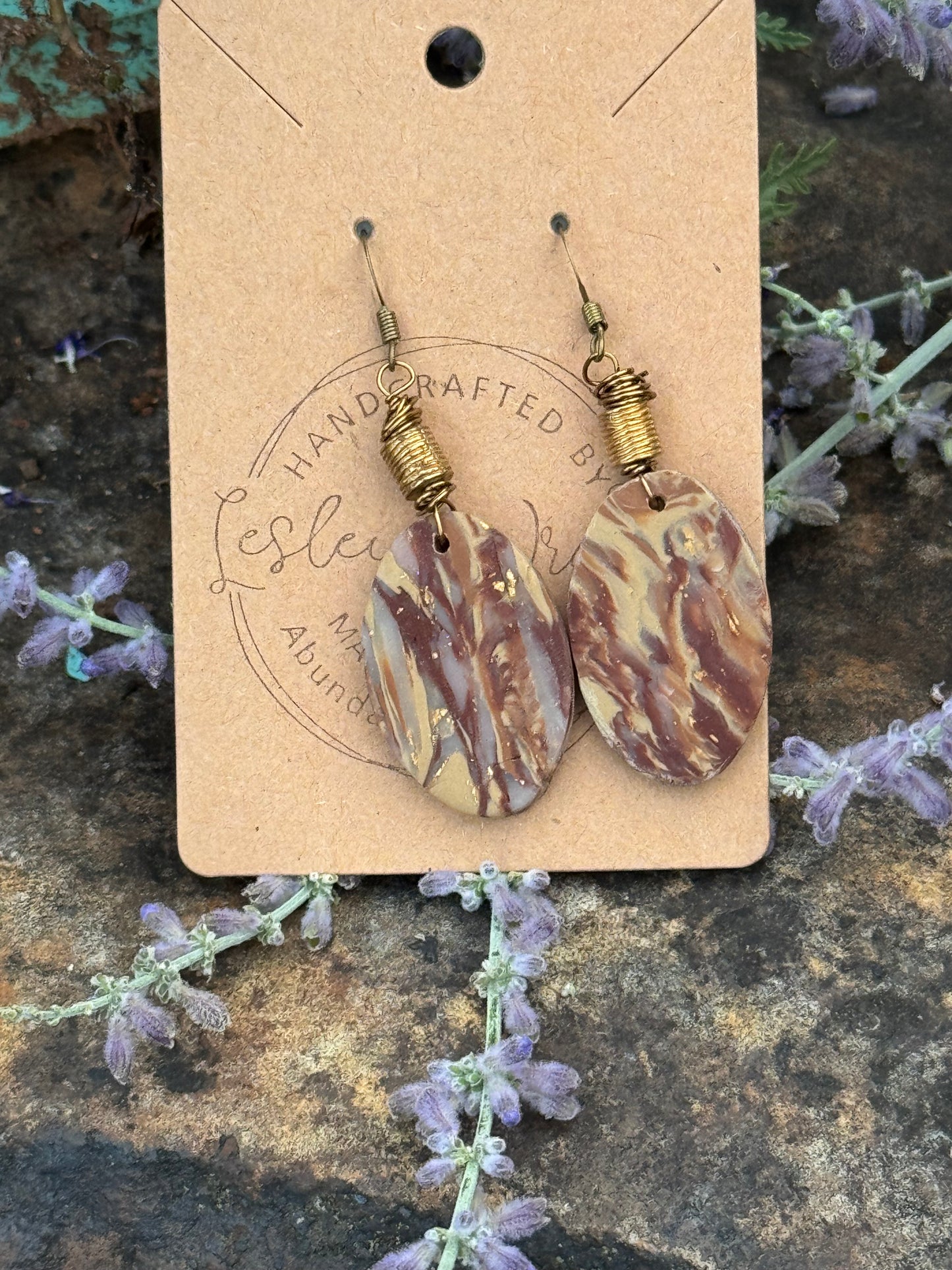 Brown & Gold Oval Clay Earrings