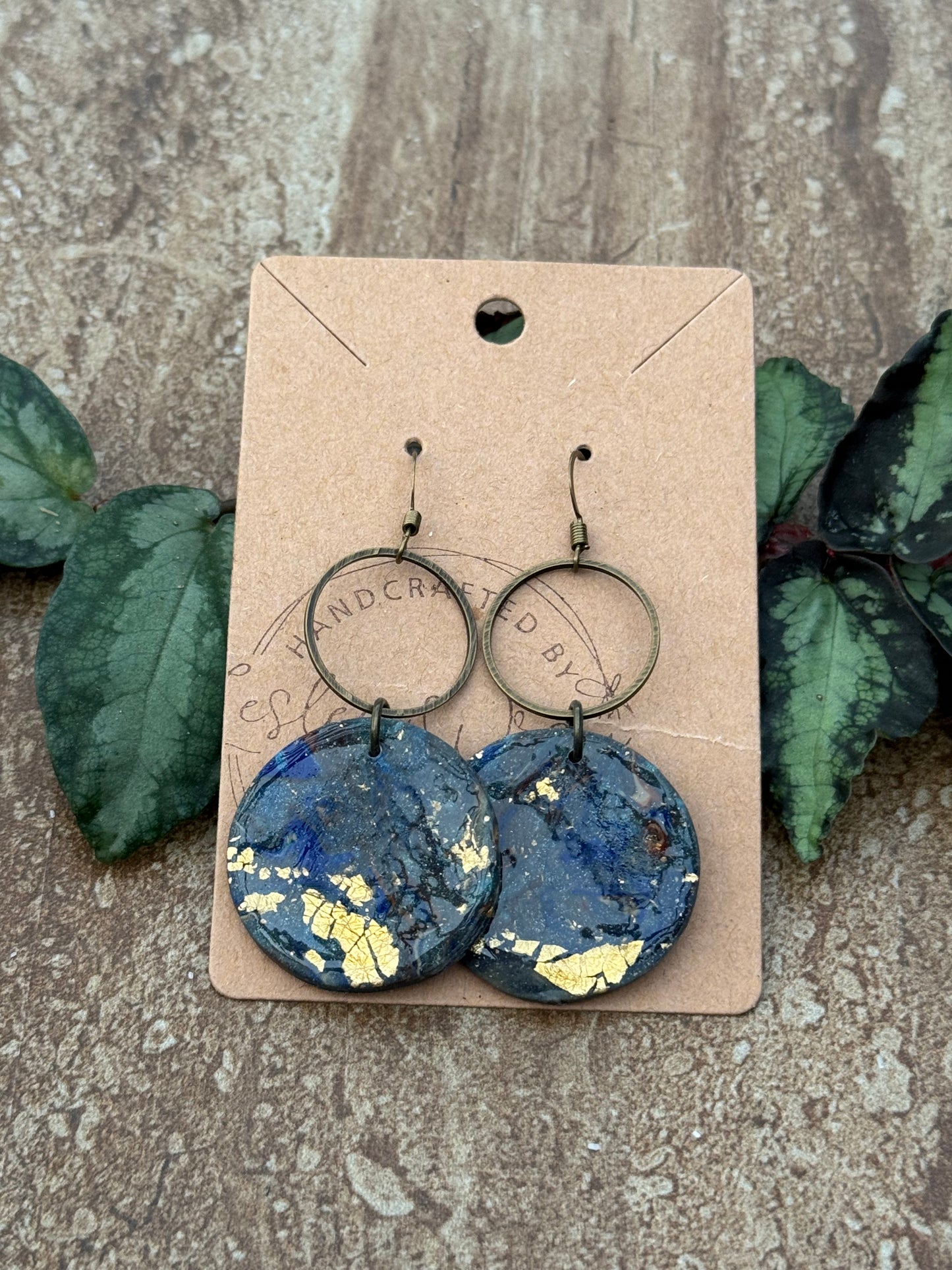 Blue Round Disc with gold leaf Clay Earrings