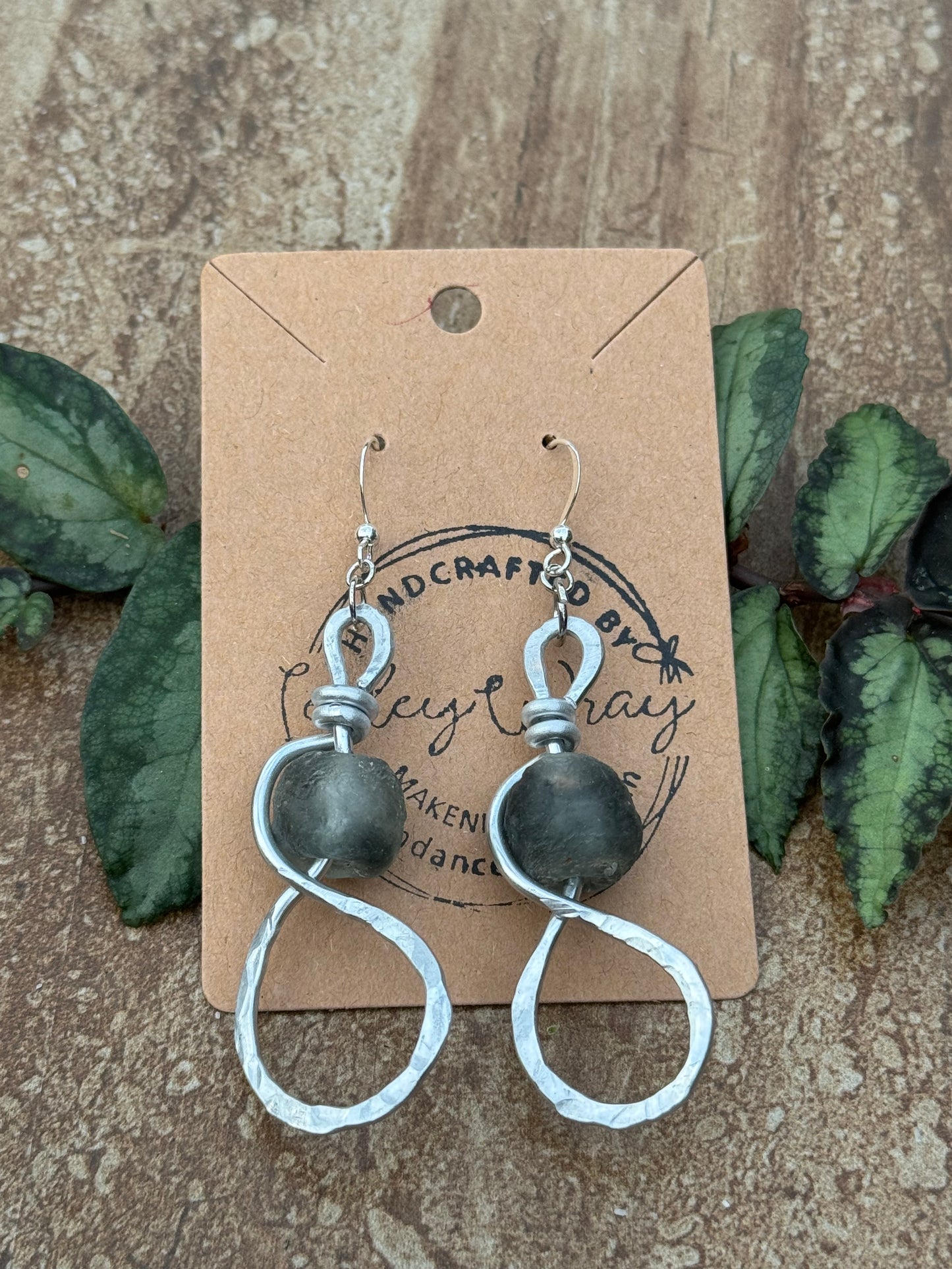 Hammered Silver Metal Earrings with sea glass