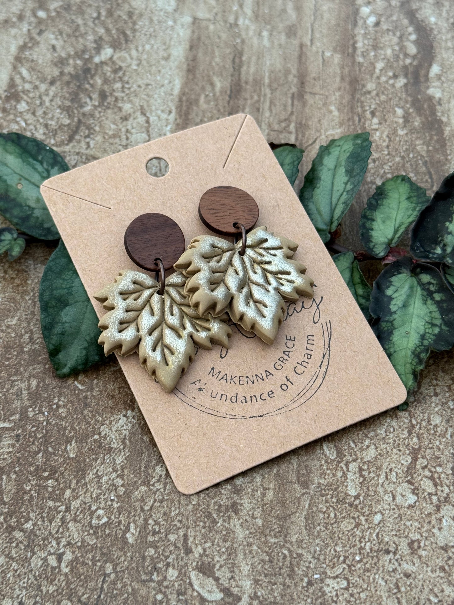 Tan & Gold Maple Leaf Clay Earrings
