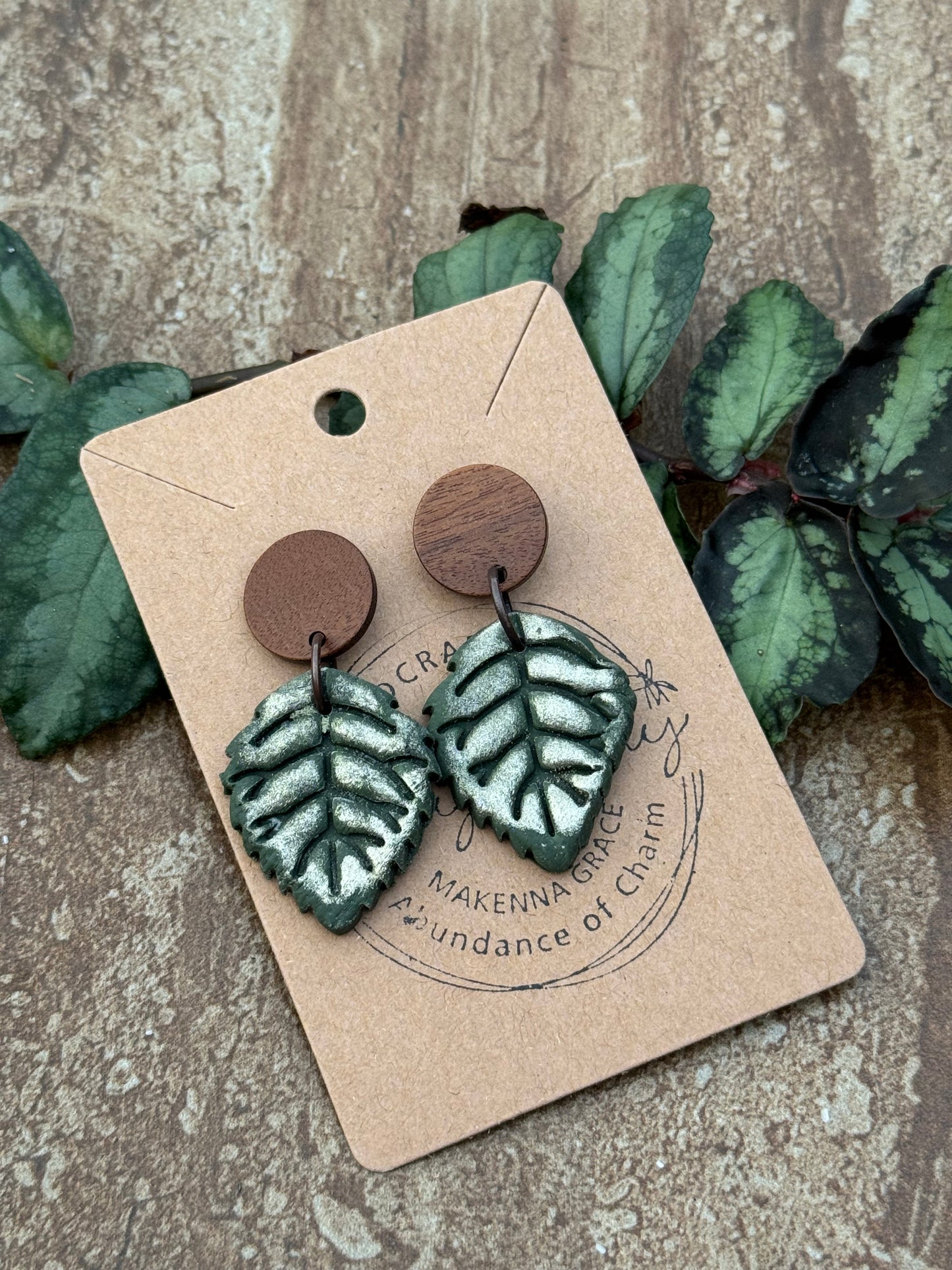 Green & Silver Small Leaf Clay Earrings