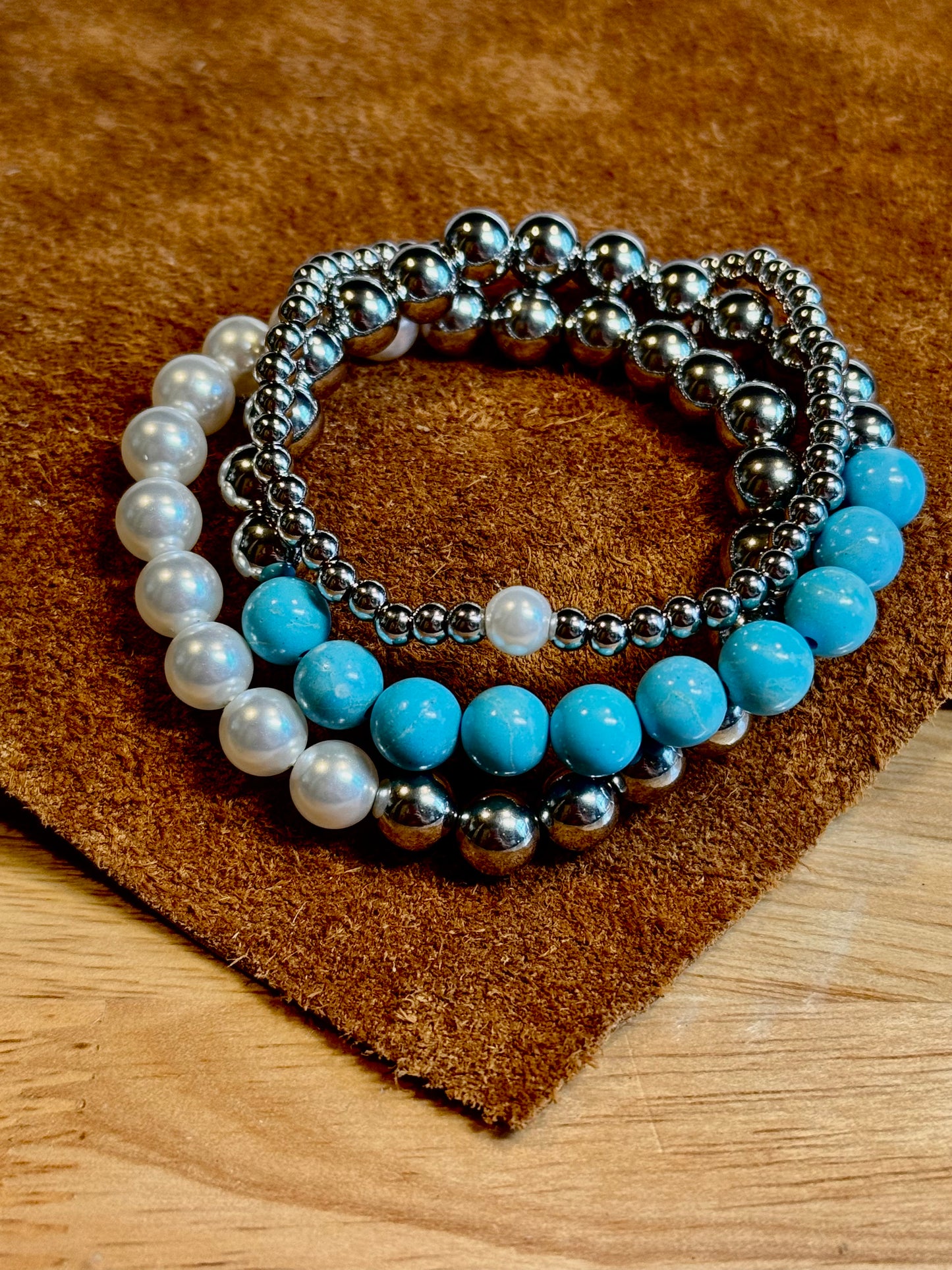 18K Gold PVD Coated Stainless Steel/Semi-Precious 8MM Beaded Stretch Bracelet