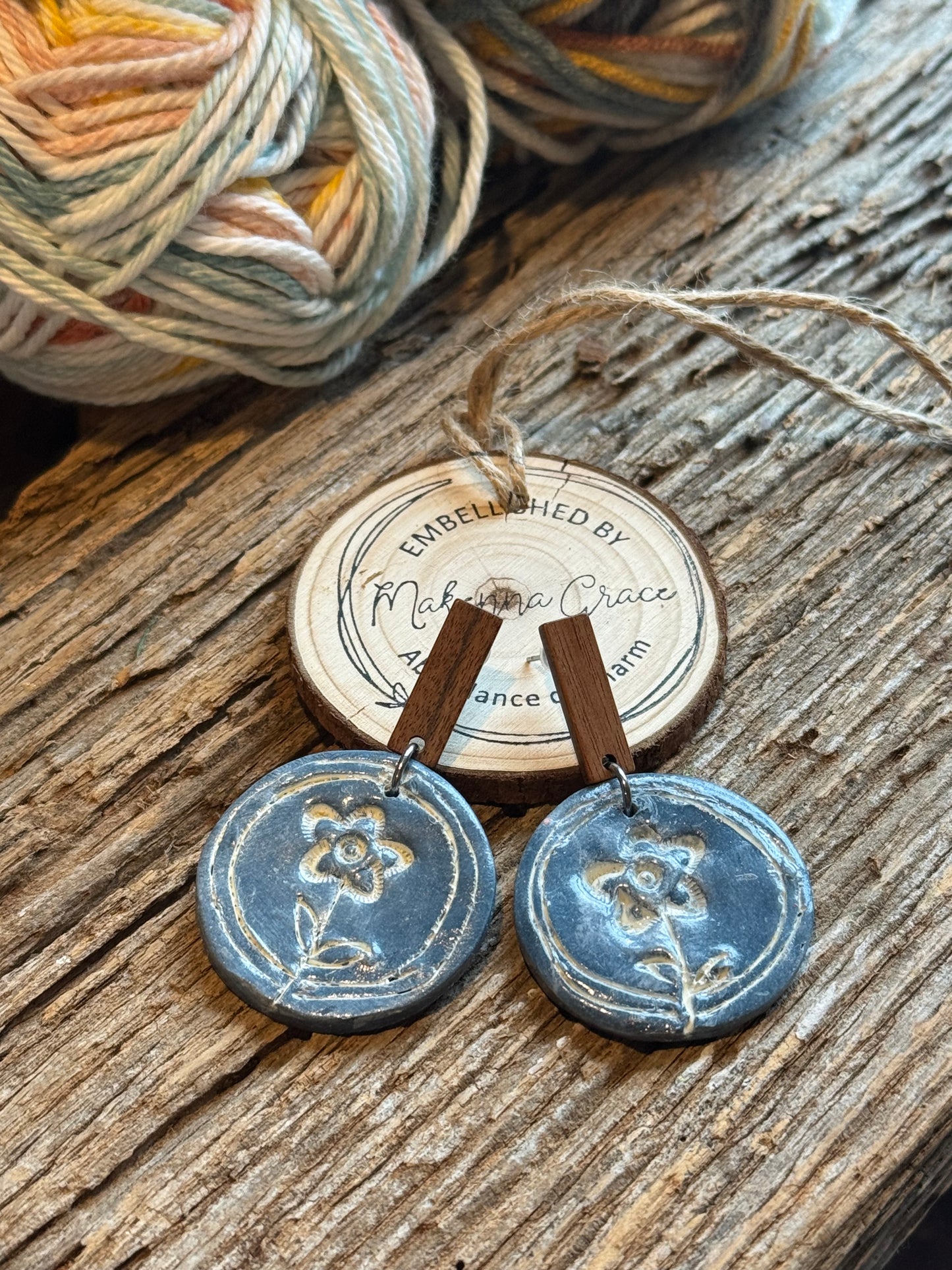 Blue White Wash Round Clay Earrings