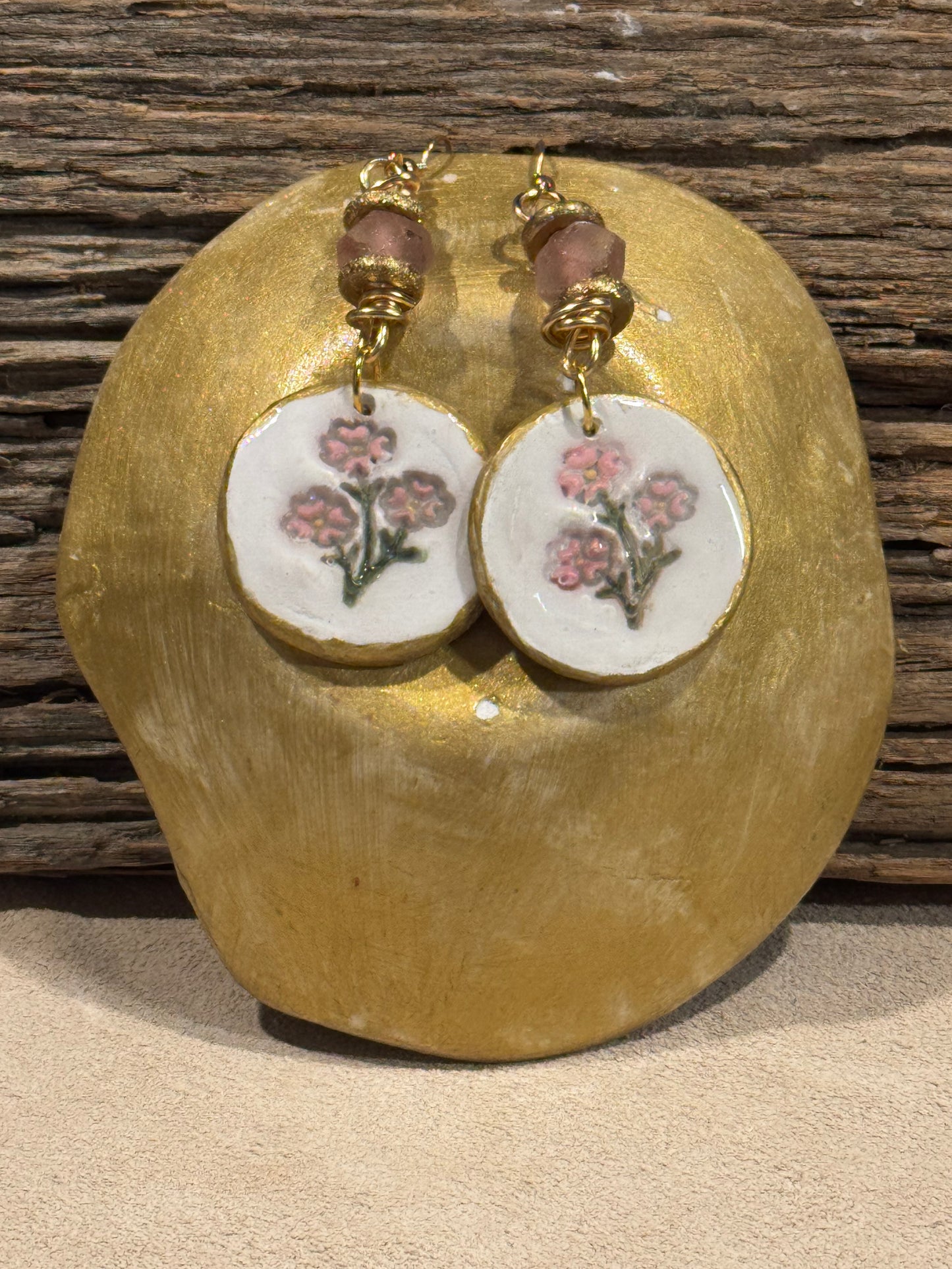 White/ pink wildflowers Clay Earrings