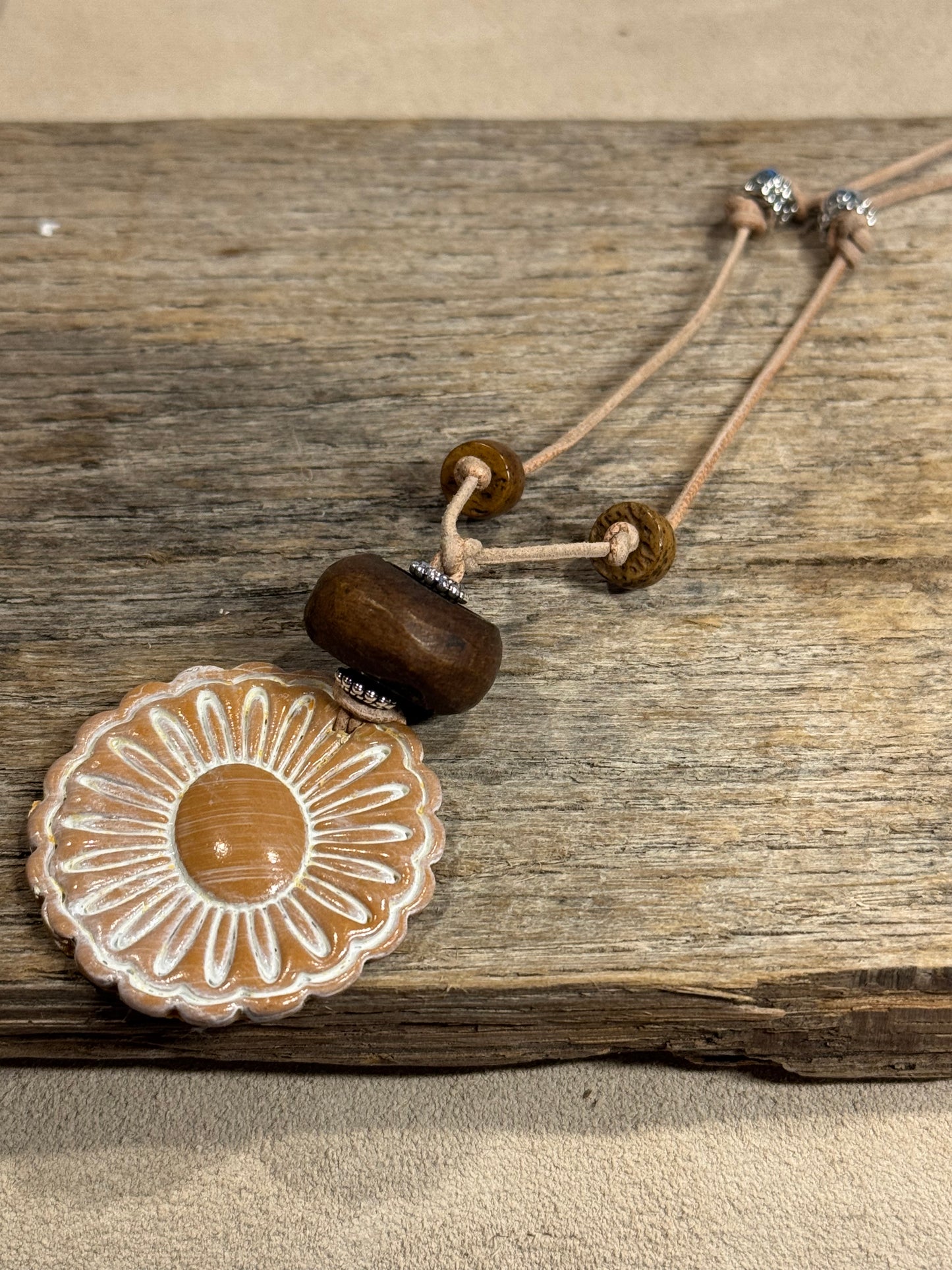 Leather Cord Necklace w/mustard clay sunflower