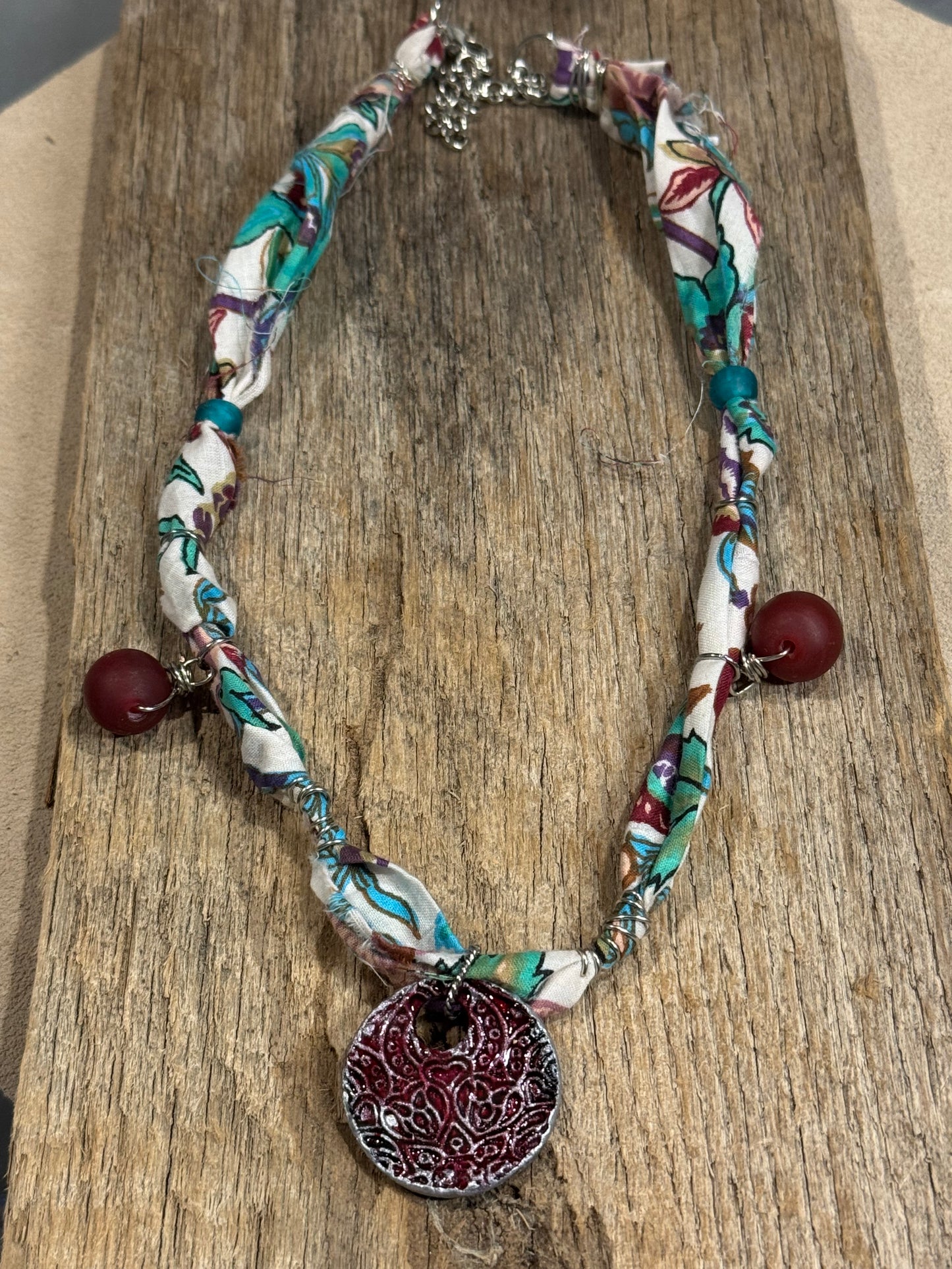 Fabric w/Hand Painted Pendant Necklace