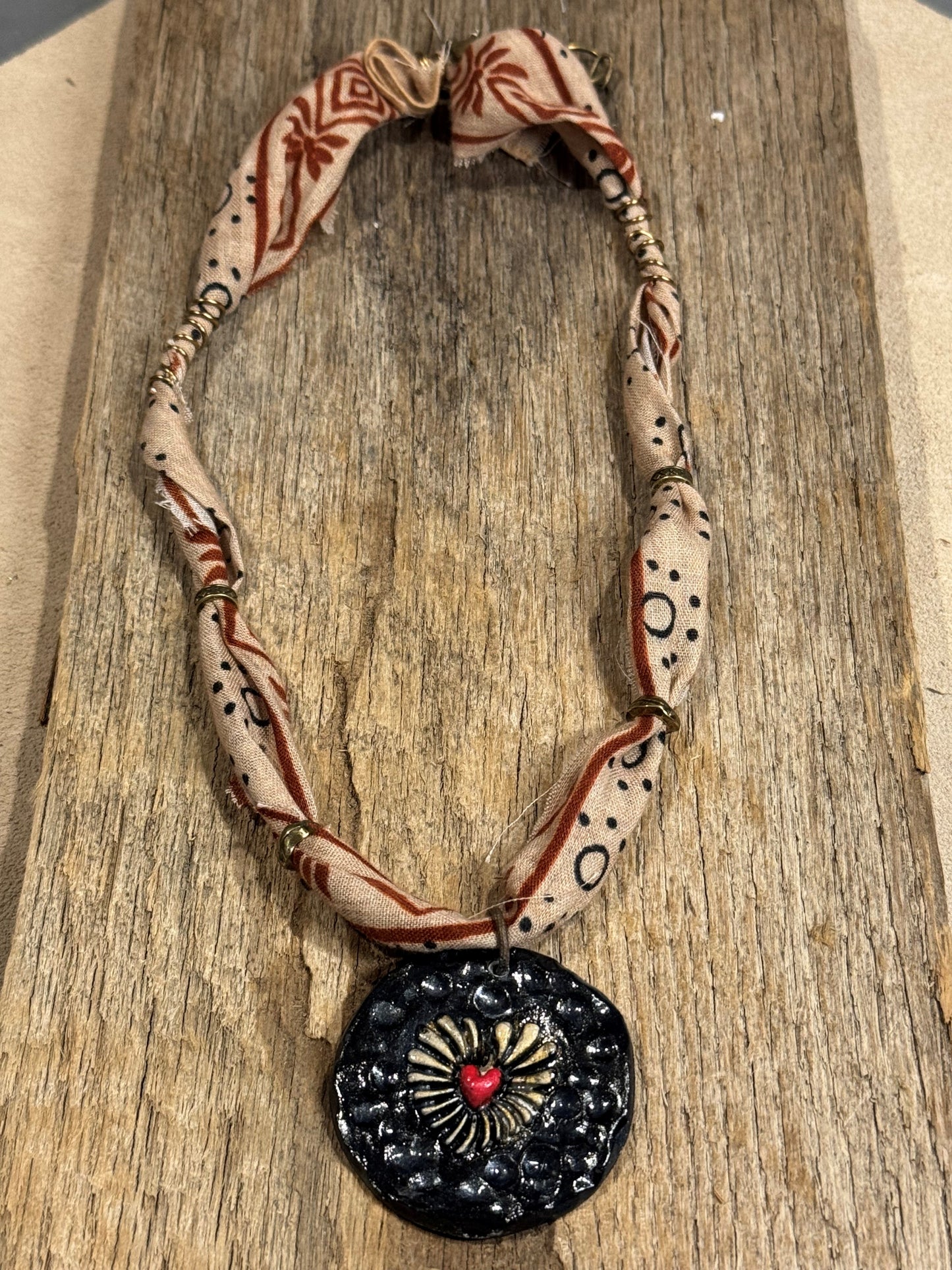Fabric w/Hand Painted Heart Pendant Necklace