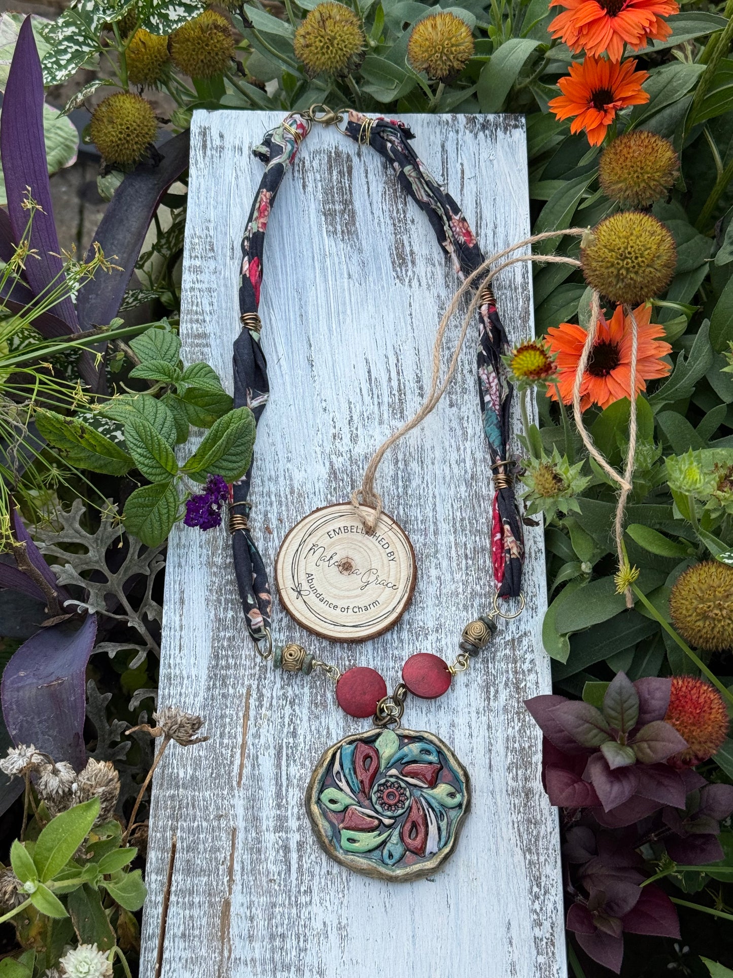 Fabric w/Hand Painted Floral Pendant Necklace