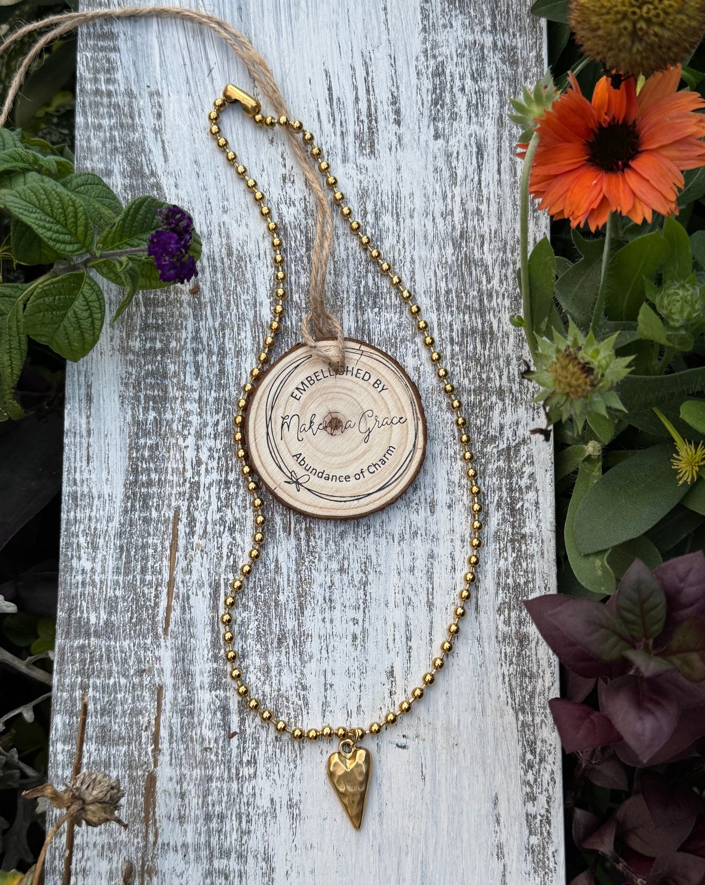 Gold Hammered Heart Ball Chain Necklace