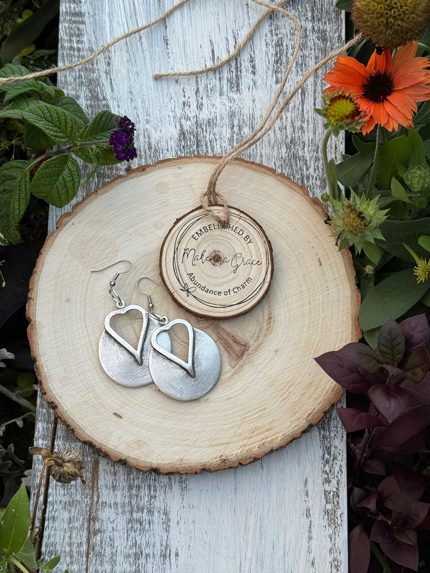 Silver Heart Disc Metal Earrings