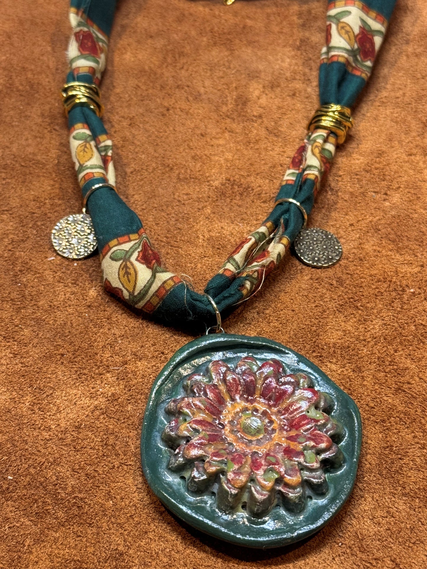 Fabric w/Hand Painted Floral Pendant Necklace