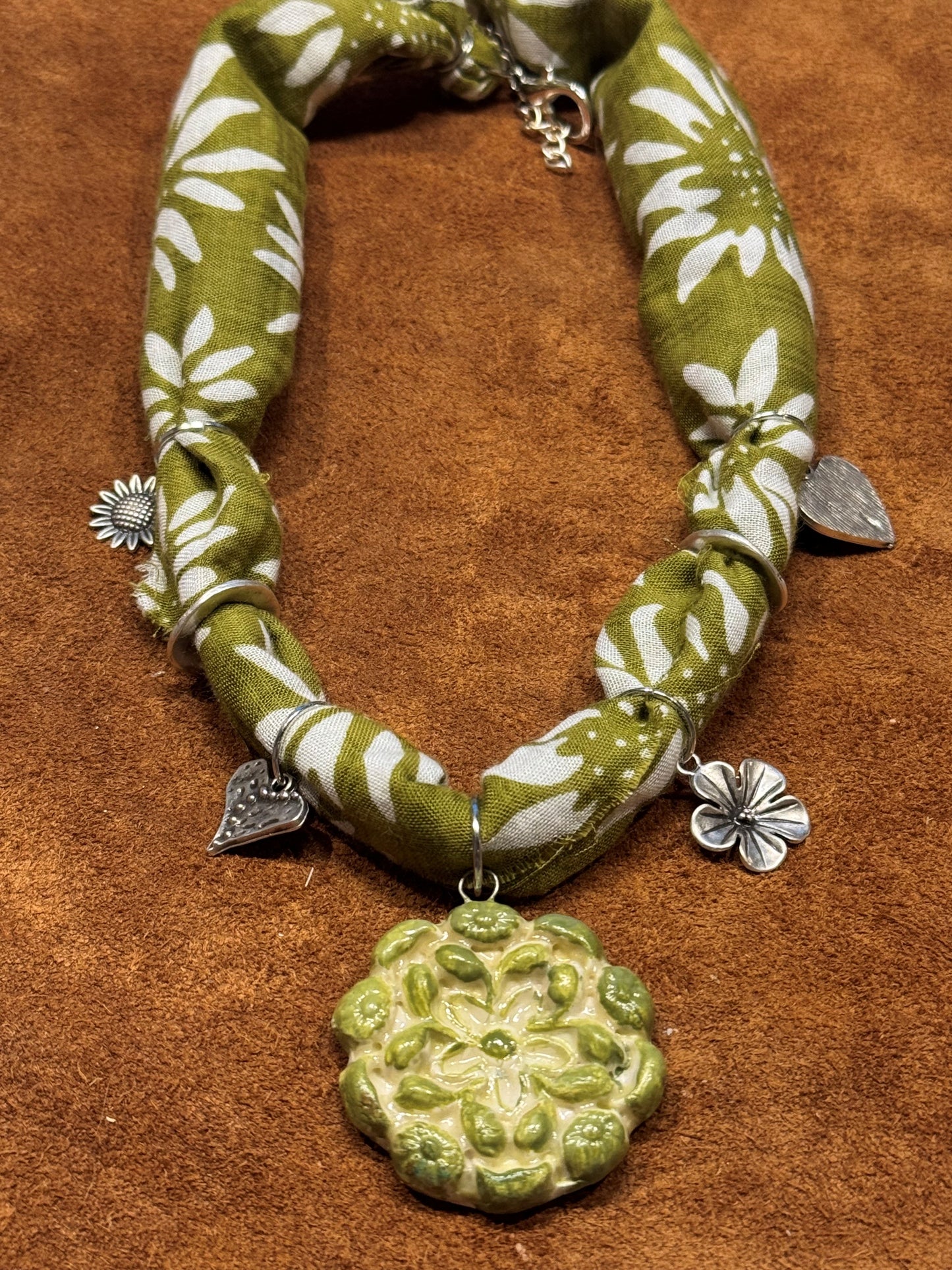 Fabric w/Hand Painted Floral Pendant Necklace