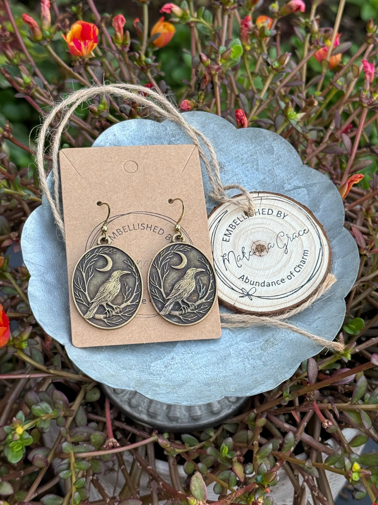 Bronze Metal Raven Earrings