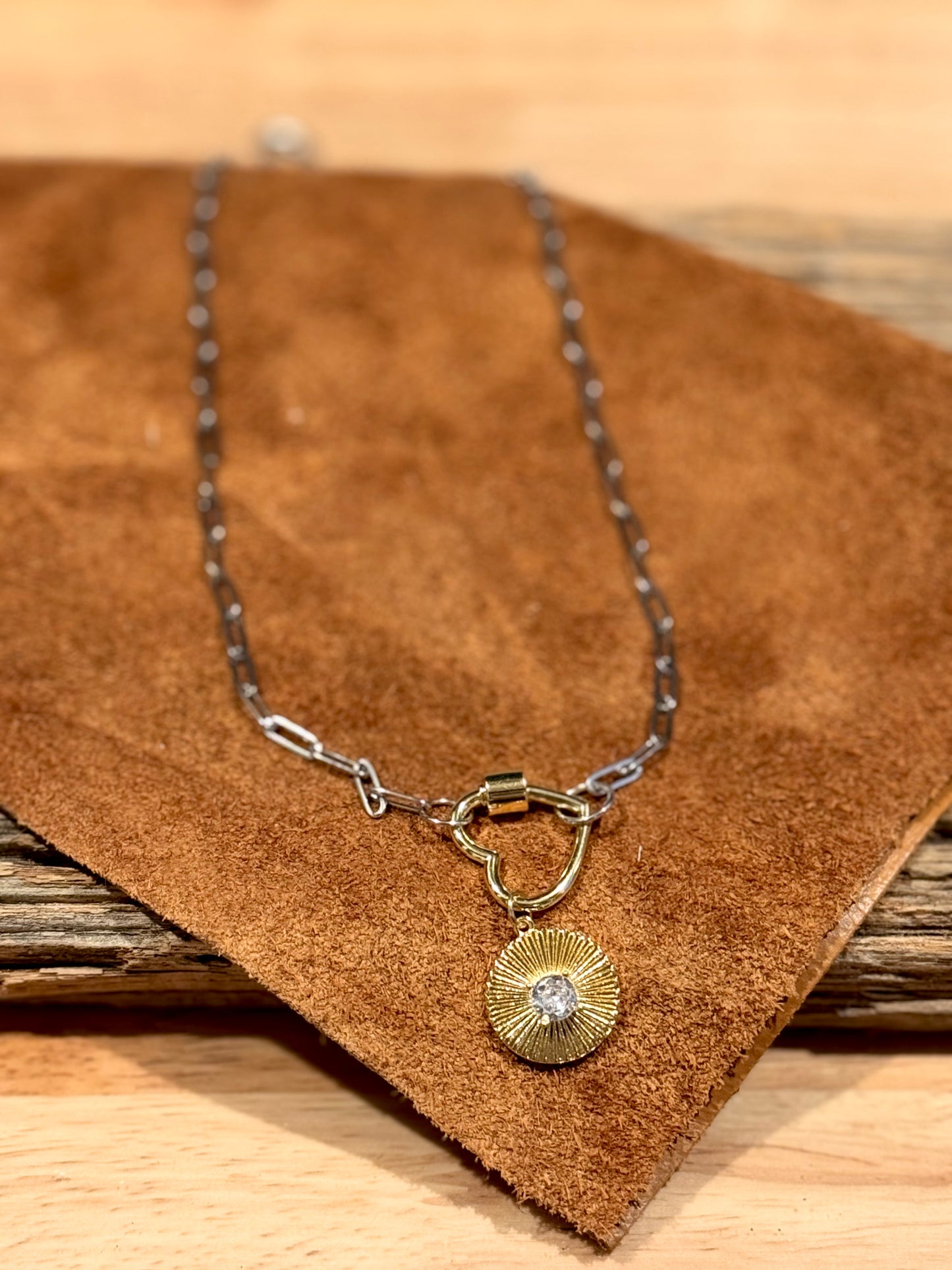 Gold Charm with crystal center Paperclip Necklace