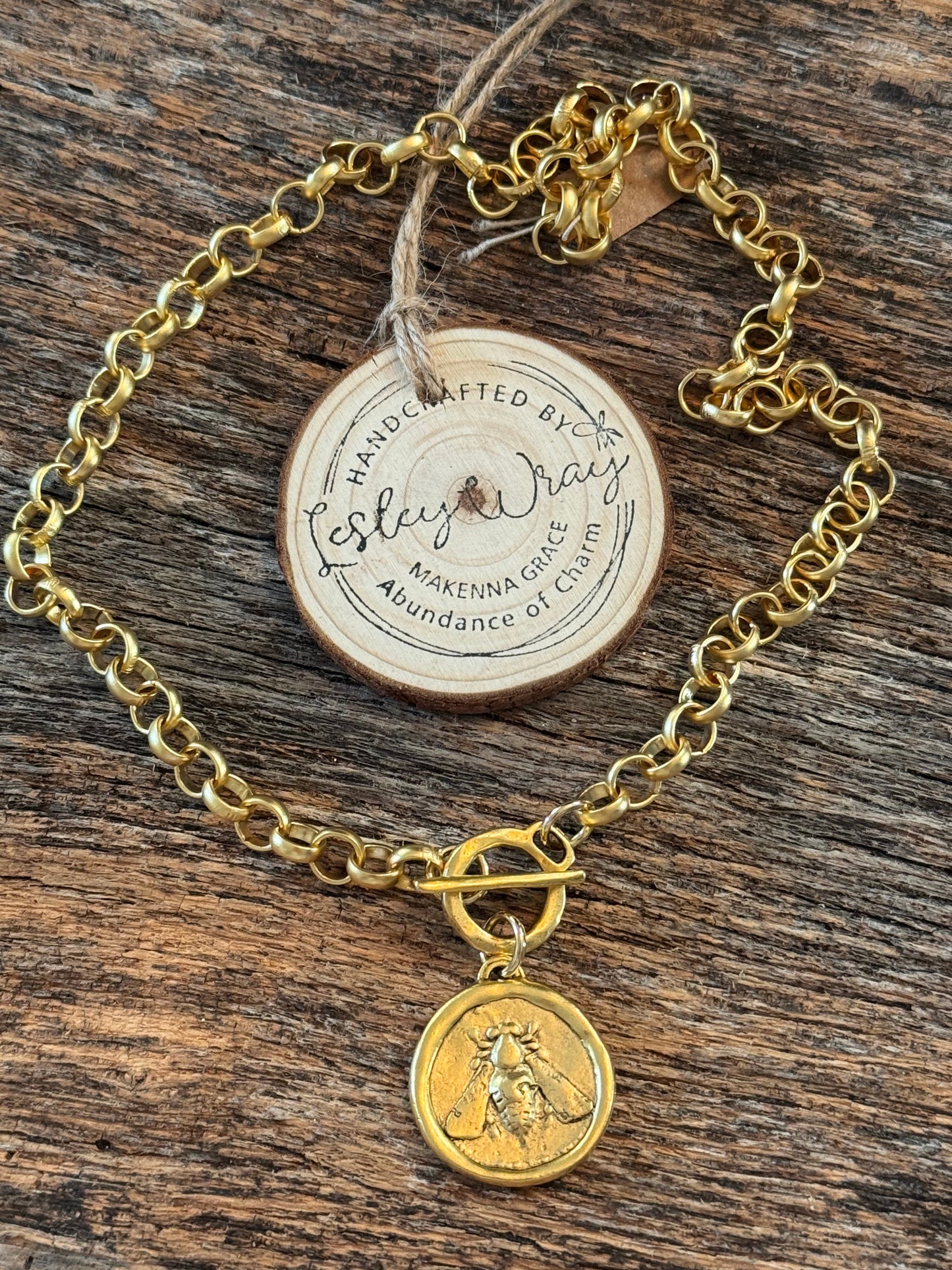 Gold Toggle Necklace with Bee Coin Charm