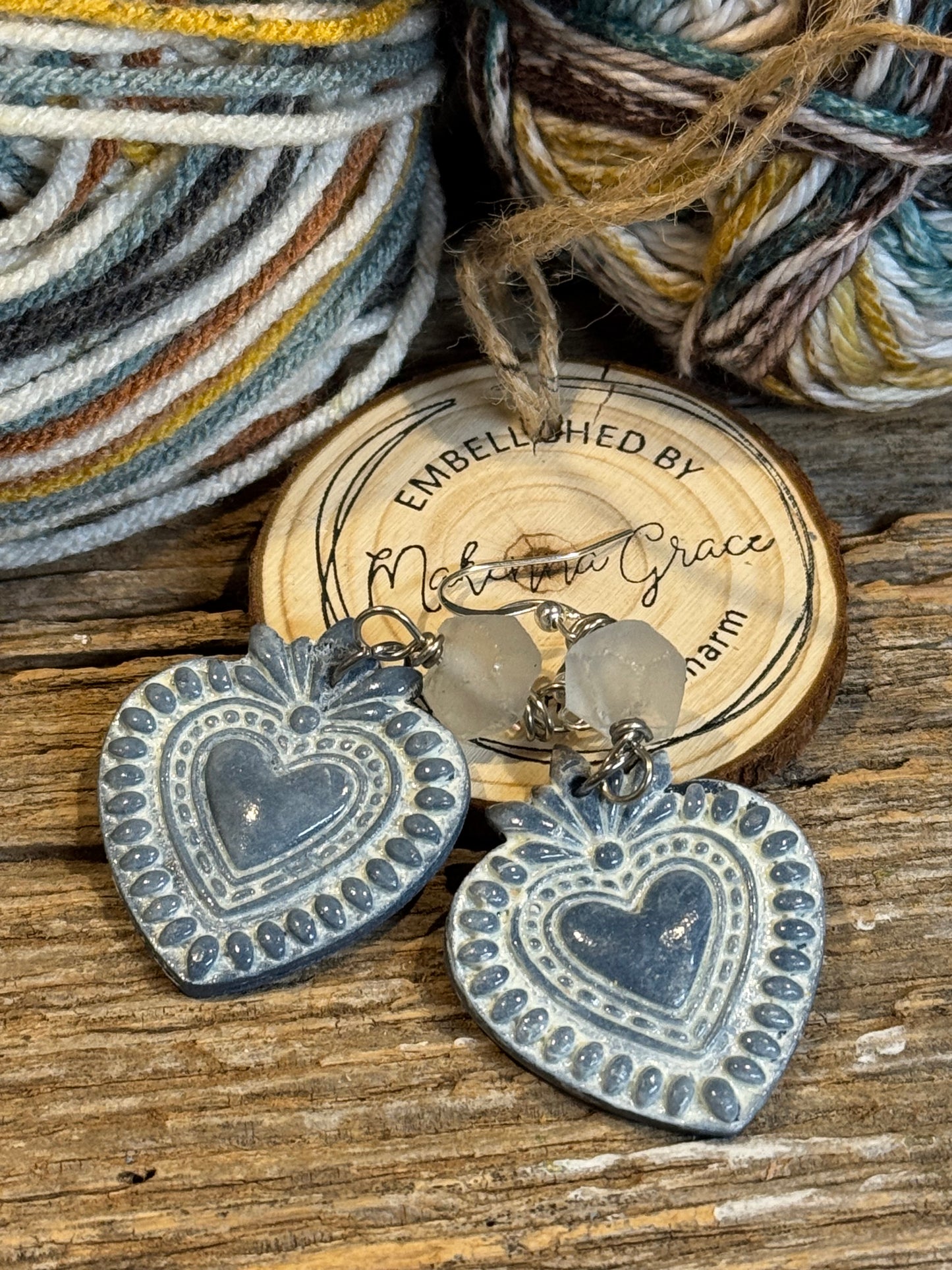 Blue whitewash Sacred Heart Clay Earrings