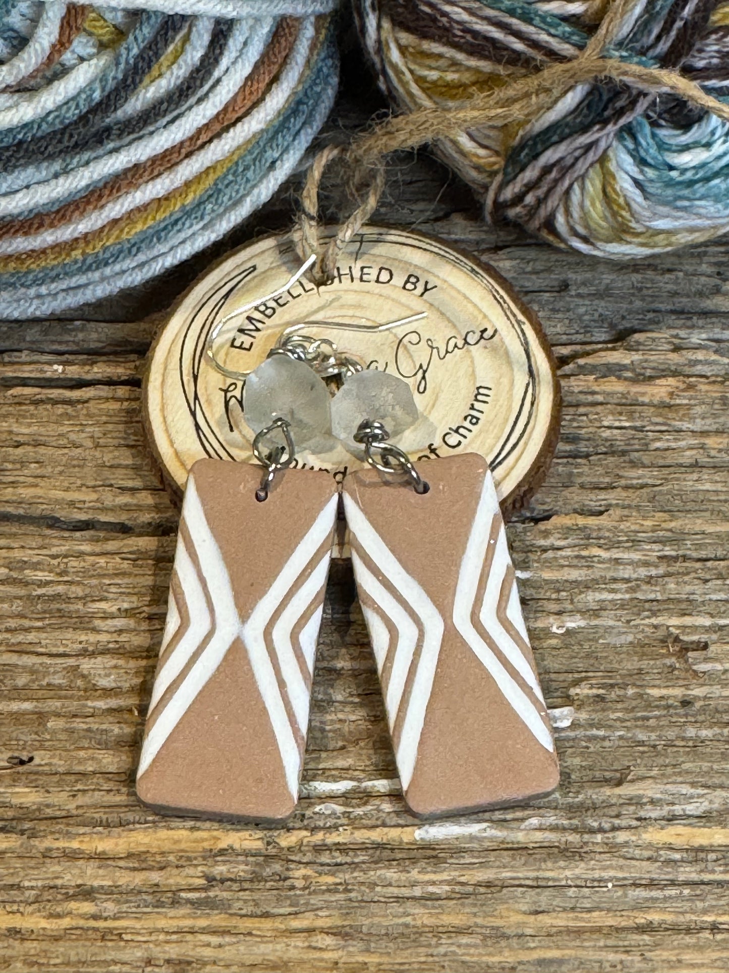 Tan/white Rectangle Clay Earrings