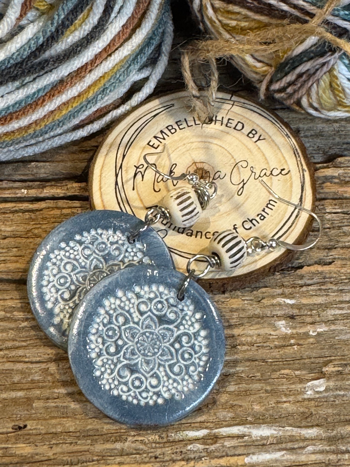Blue whitewash medallion design Clay Earrings